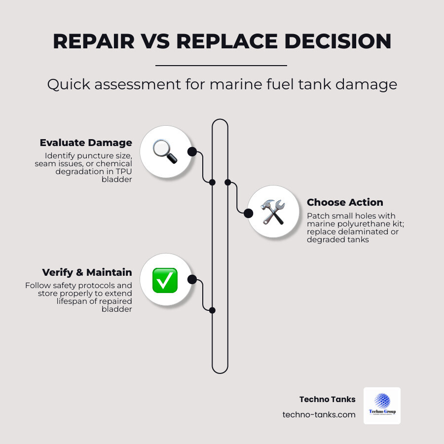 Infographic showing marine fuel bladder anatomy, damage types, and repair vs replace decision guide infographic Infographic showing marine fuel bladder anatomy, damage types, and repair vs replace decision guide infographic