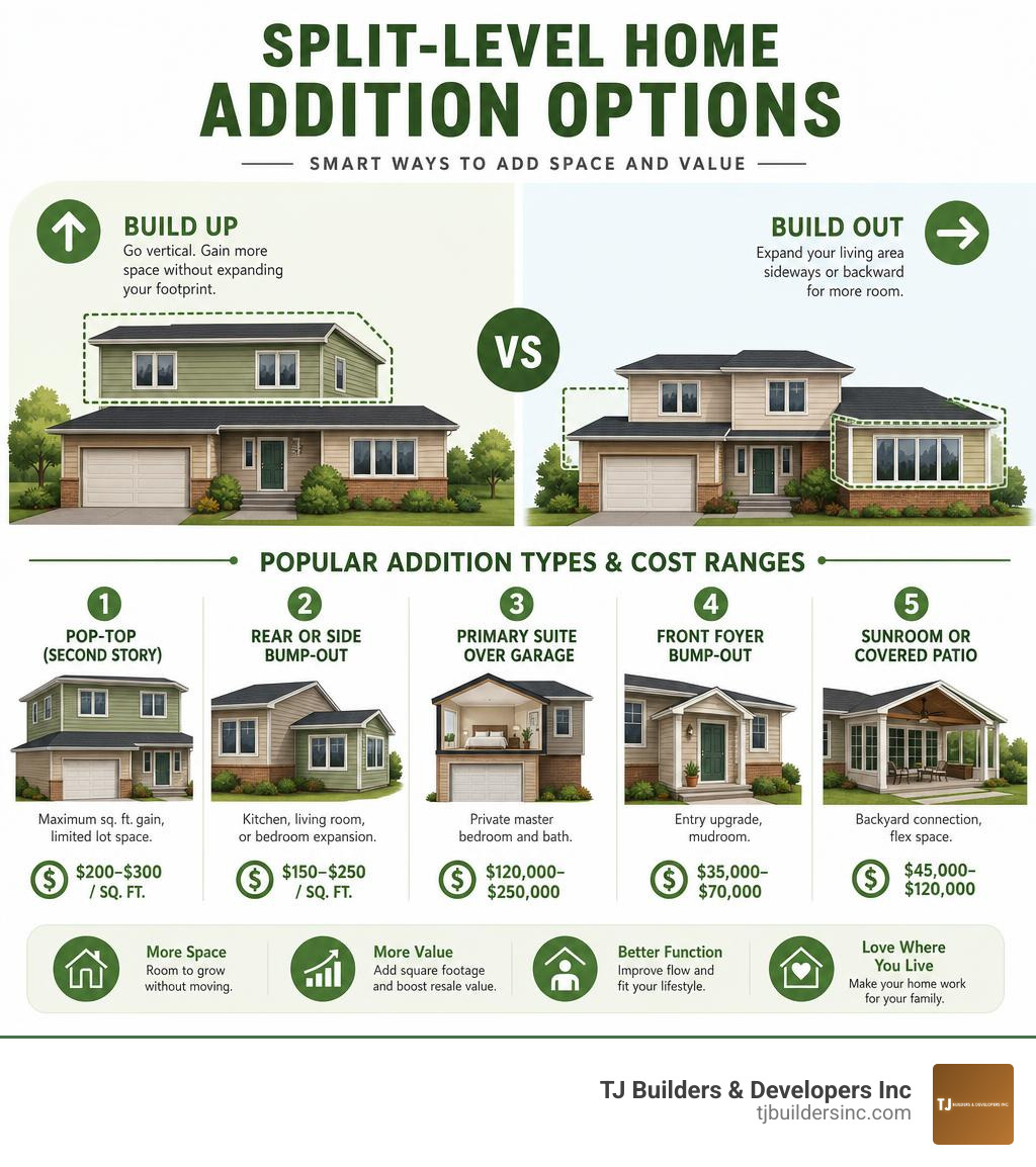 Split-level home addition options infographic showing building up vs out, popular addition types, and cost ranges infographic Split-level home addition options infographic showing building up vs out, popular addition types, and cost ranges infographic