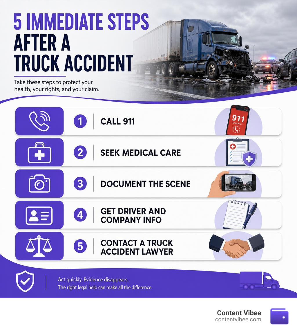 Infographic showing 5 immediate steps after a truck accident: call 911, seek medical care, document the scene, get driver