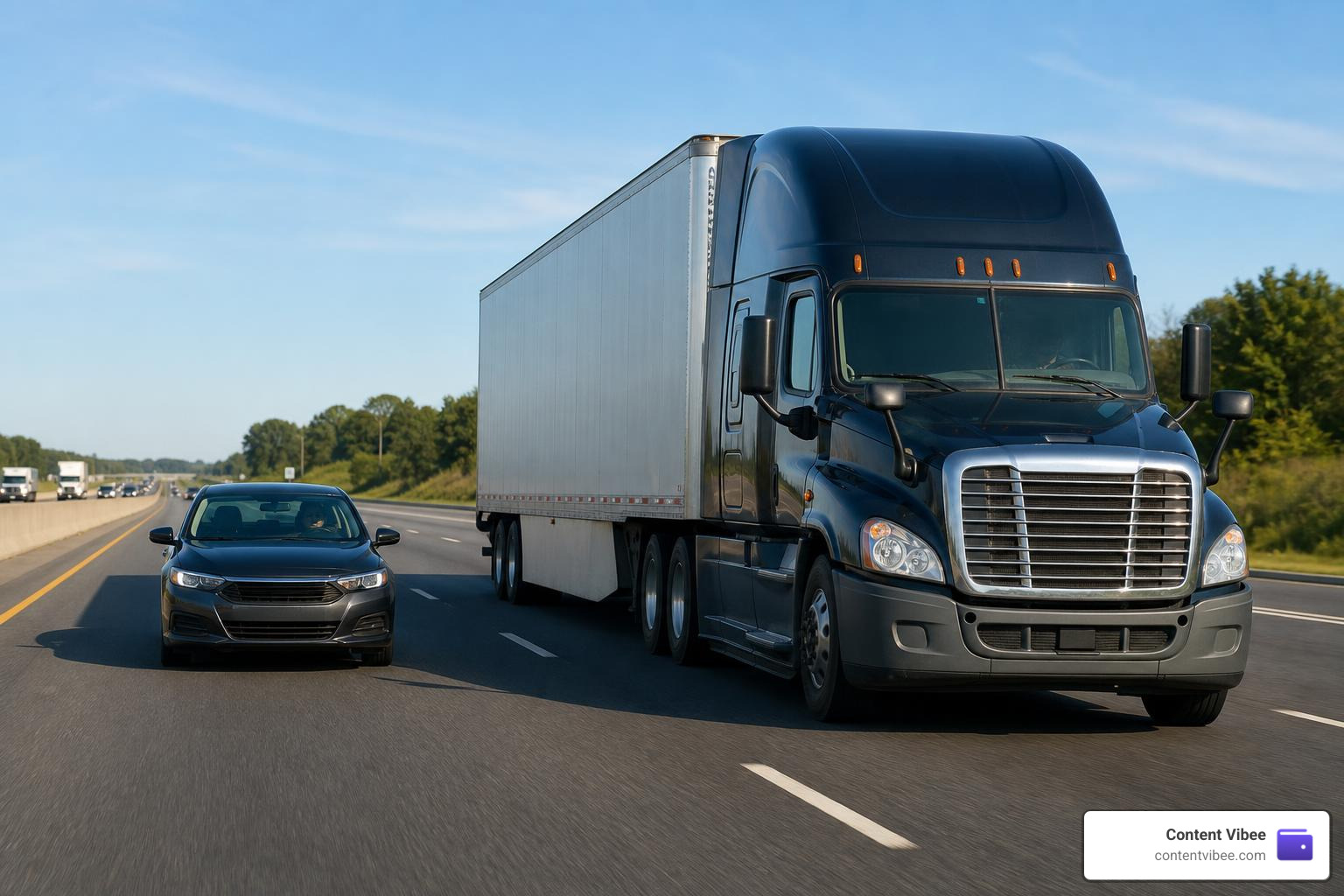 Side-by-side comparison of a standard passenger car and a fully loaded 80,000-pound semi-truck