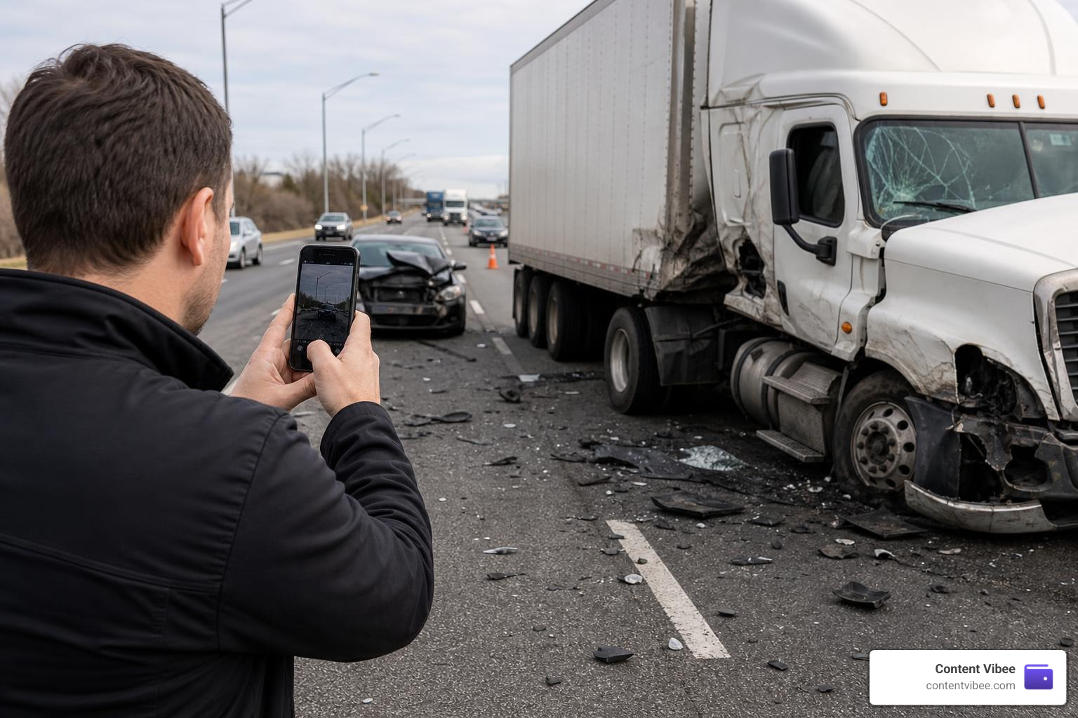A victim taking photos of a commercial truck accident scene using a smartphone to preserve key evidence