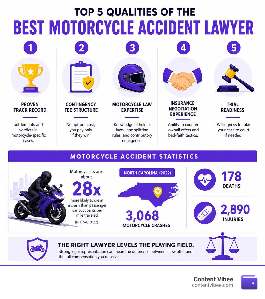 Top 5 qualities of the best motorcycle accident lawyer with accident statistics infographic infographic