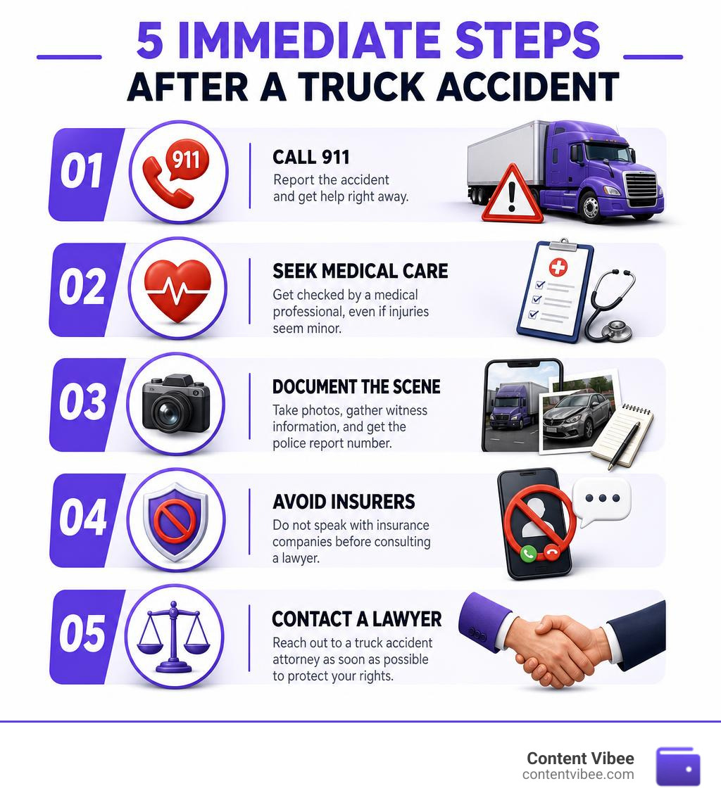 Infographic showing 5 immediate steps after a truck accident: call 911, seek medical care, document the scene, avoid