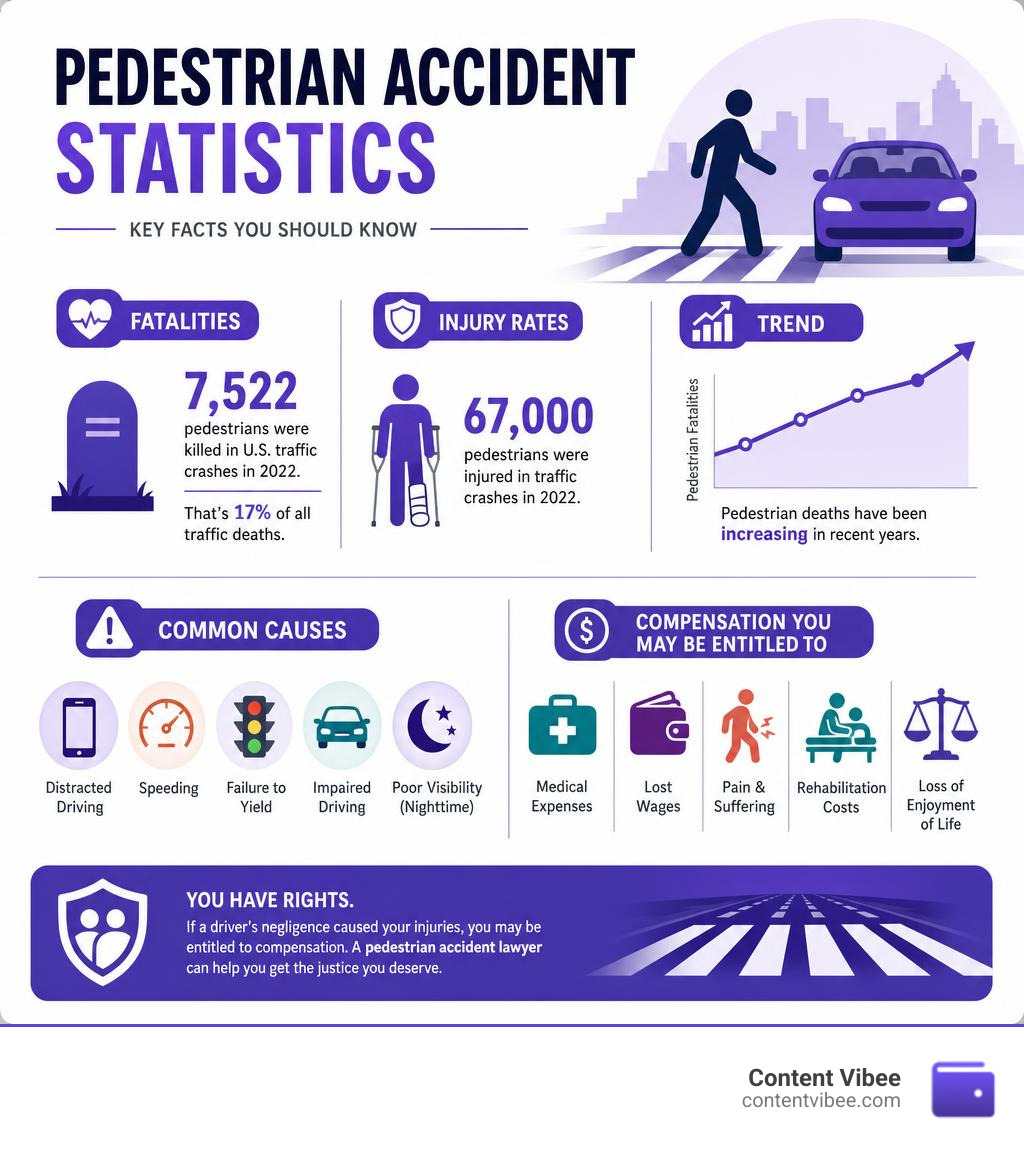 Pedestrian accident statistics infographic: fatalities, injury rates, common causes, and compensation types infographic