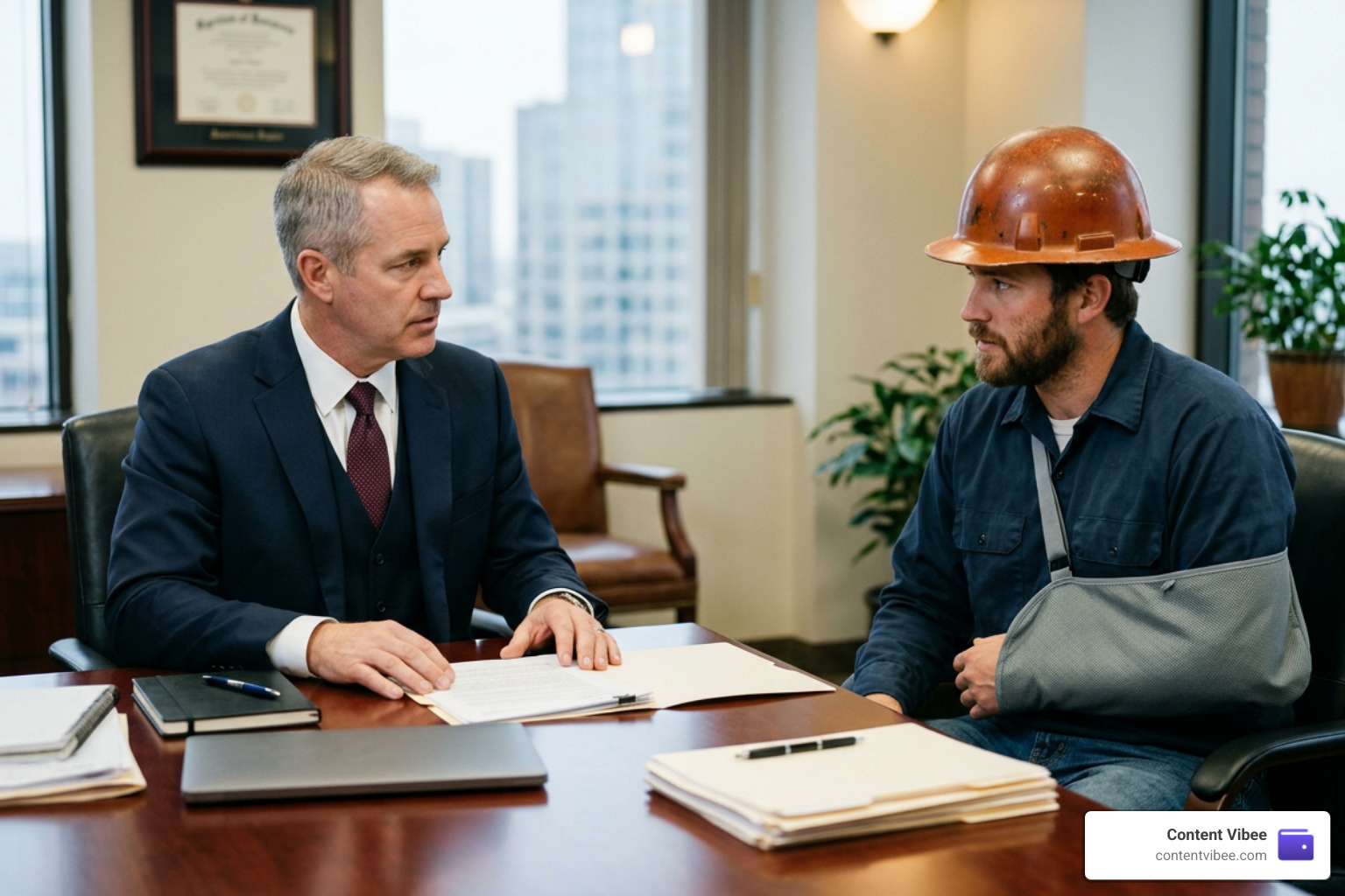 A legal consultation between an oilfield injury lawyer and an injured worker A legal consultation between an oilfield injury lawyer and an injured worker