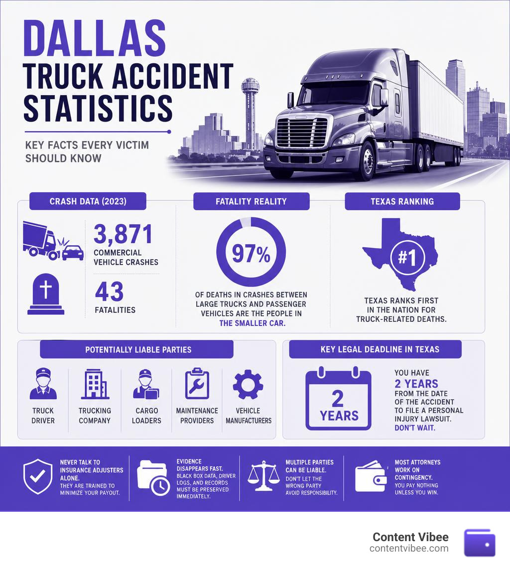 Dallas truck accident statistics infographic showing crash data, fatality rates, liability parties, and key legal deadlines