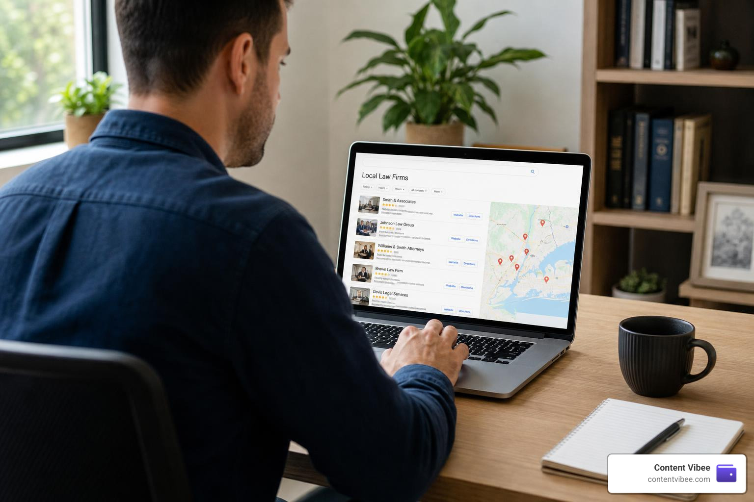 A person researching local law firms online on their laptop