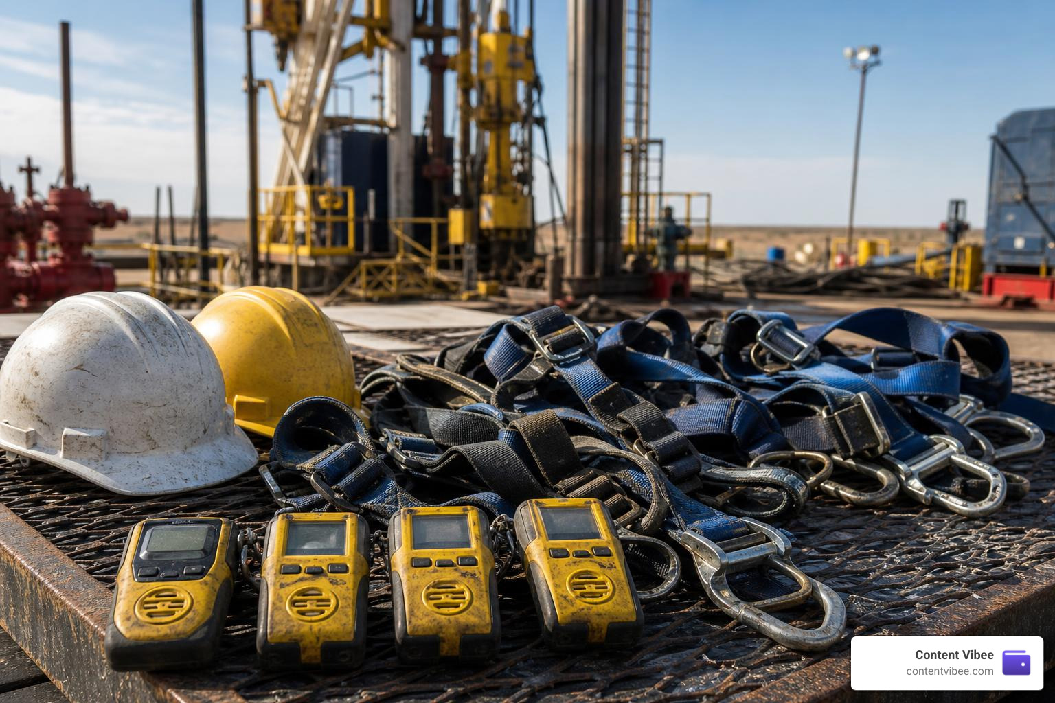 Oil rig safety equipment including hard hats, harnesses, and gas monitors Oil rig safety equipment including hard hats, harnesses, and gas monitors