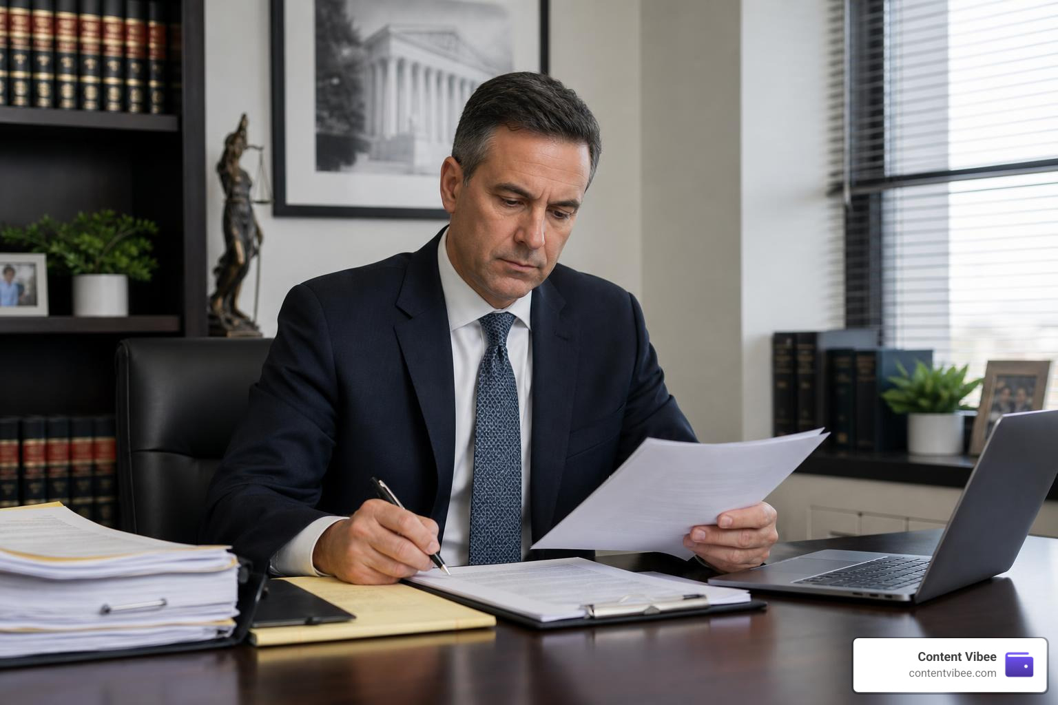 A personal injury lawyer reviewing case files and legal documents