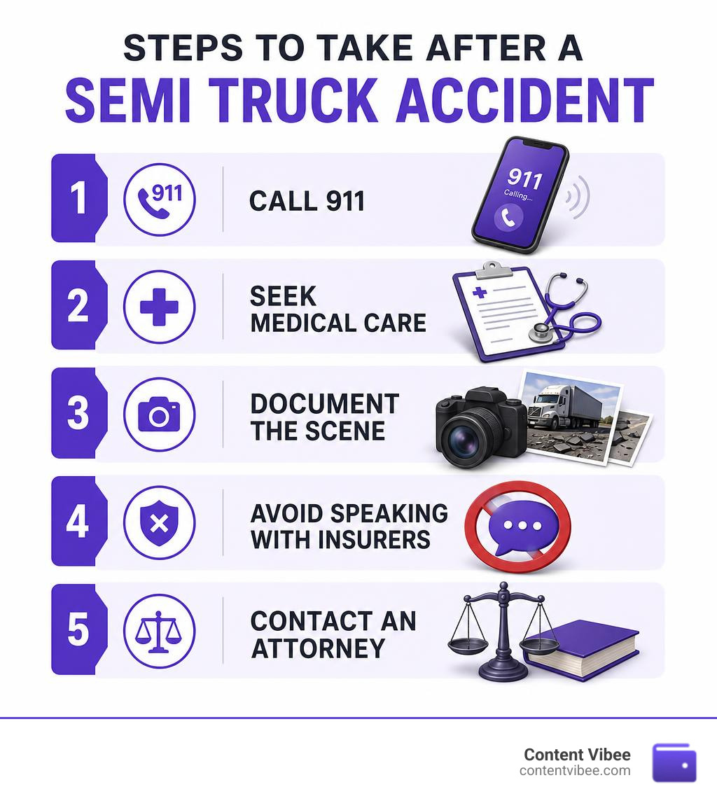 Steps to take after a semi truck accident infographic showing call 911, seek medical care, document scene, avoid insurers