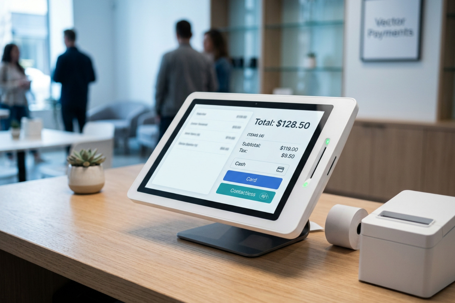 Sleek unbranded white touchscreen POS device on a professional counter in a clean light environment Sleek unbranded white touchscreen POS device on a professional counter in a clean light environment