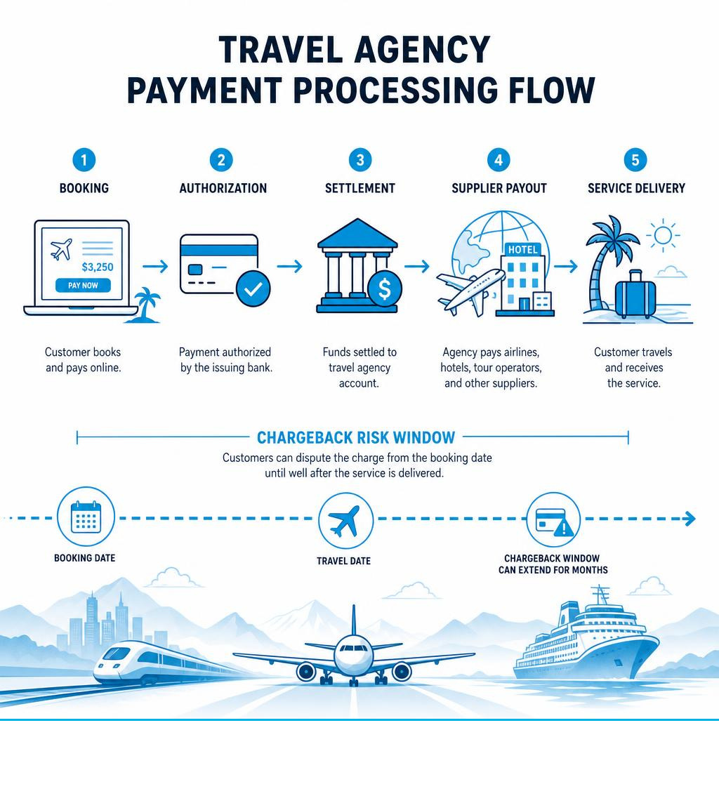 Infographic: Travel agency payment processing flow showing booking, authorization, settlement, supplier payout, and Infographic: Travel agency payment processing flow showing booking, authorization, settlement, supplier payout, and