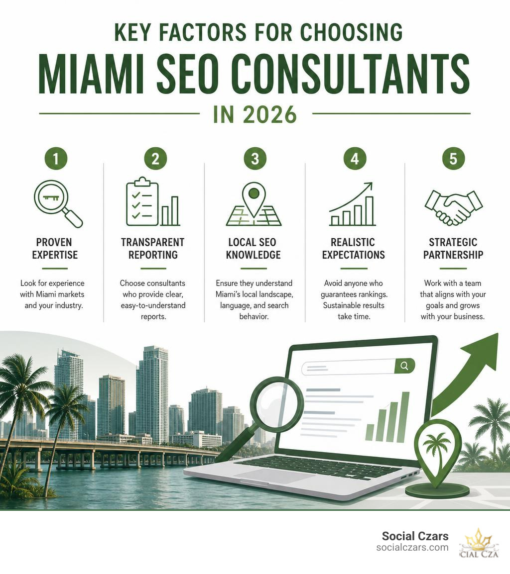 Key factors for choosing Miami SEO consultants in 2026 infographic infographic