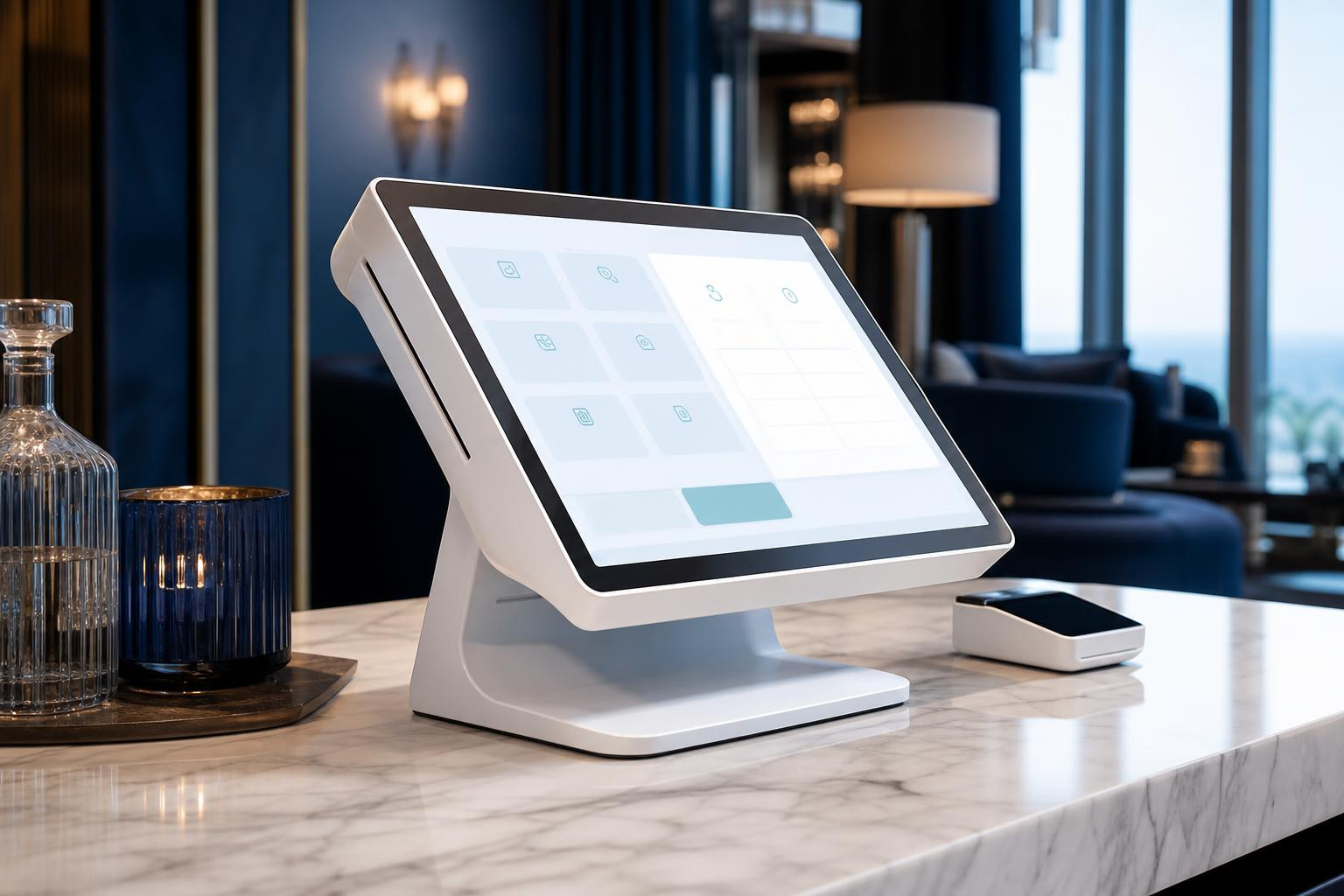 Unbranded sleek high-end white POS device on a marble counter in a luxury lounge Unbranded sleek high-end white POS device on a marble counter in a luxury lounge