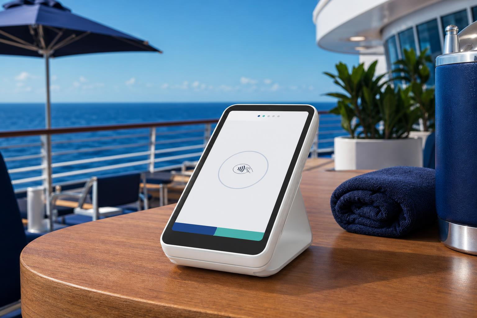 Sleek unbranded mobile POS terminal displaying a clean white payment interface on a cruise deck Sleek unbranded mobile POS terminal displaying a clean white payment interface on a cruise deck