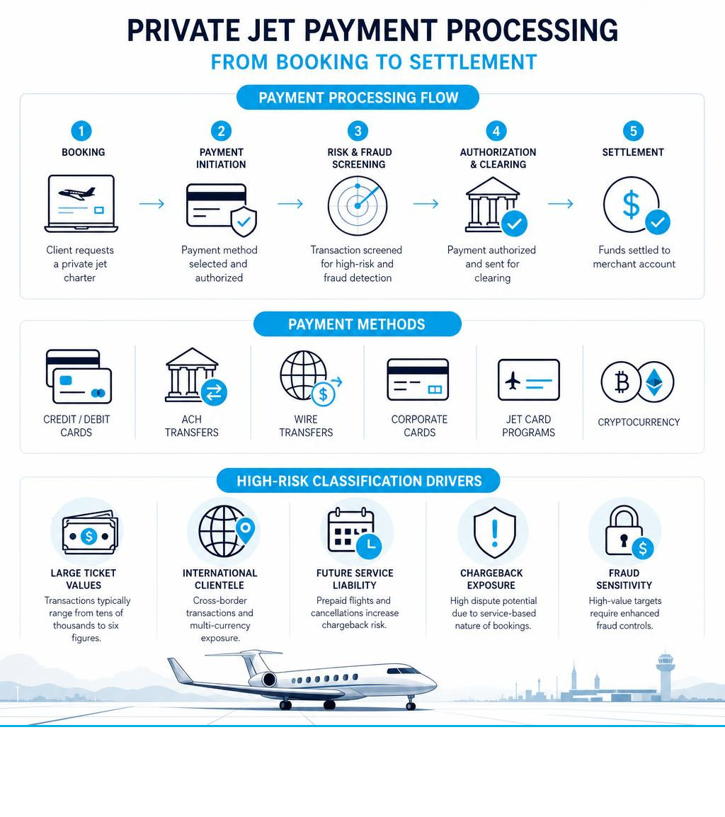 Infographic: Private jet payment processing flow - booking to settlement, payment methods, high-risk classification Infographic: Private jet payment processing flow - booking to settlement, payment methods, high-risk classification