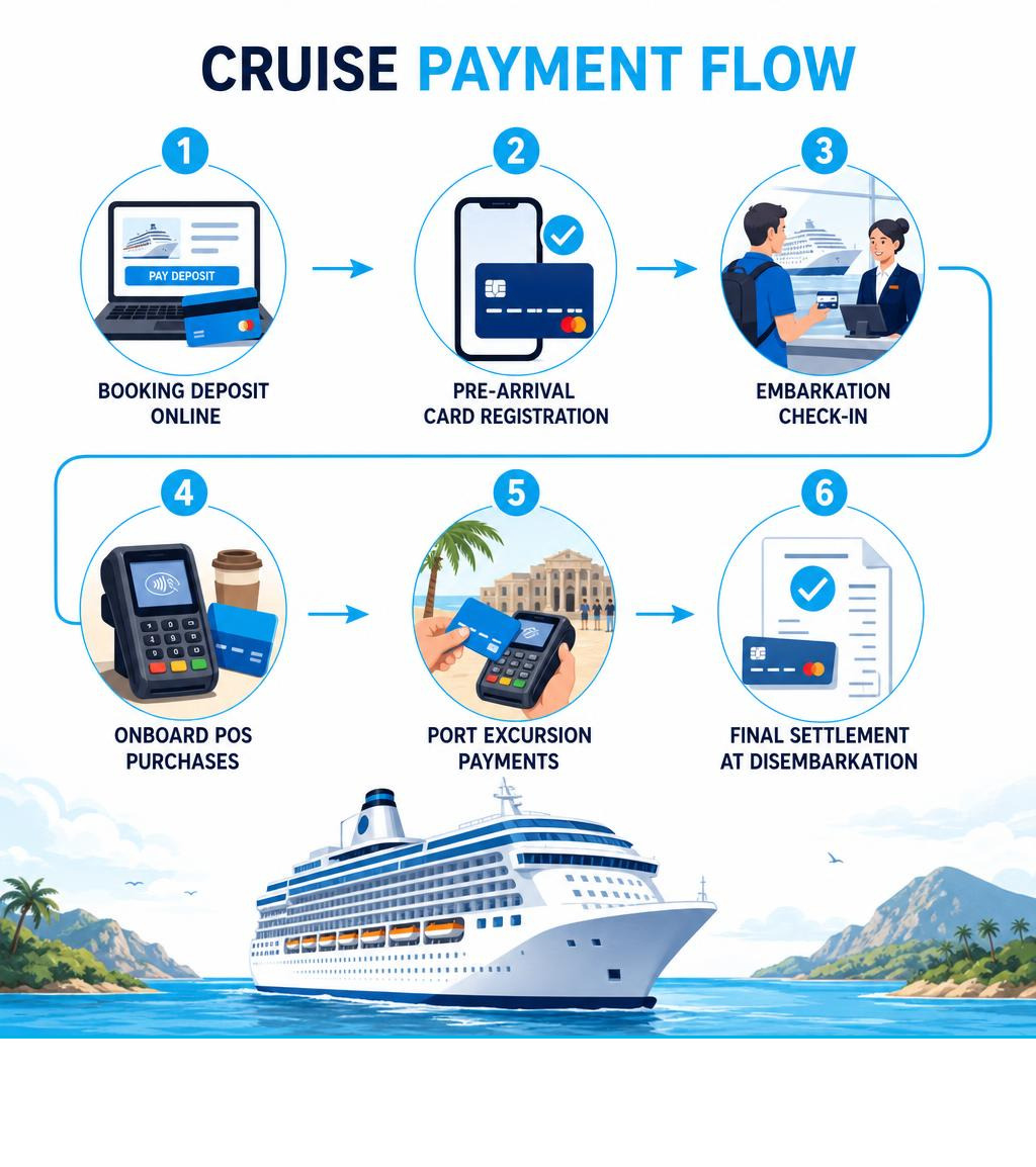 Infographic showing cruise payment flow: booking deposit online, pre-arrival card registration, embarkation check-in Infographic showing cruise payment flow: booking deposit online, pre-arrival card registration, embarkation check-in