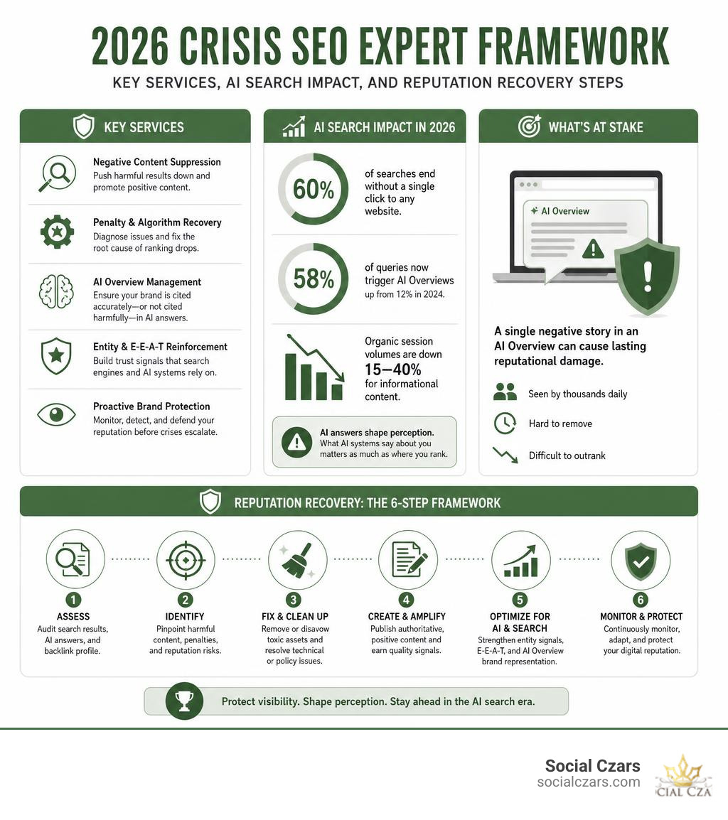 2026 Crisis SEO Expert framework: key services, AI search impact, and reputation recovery steps infographic