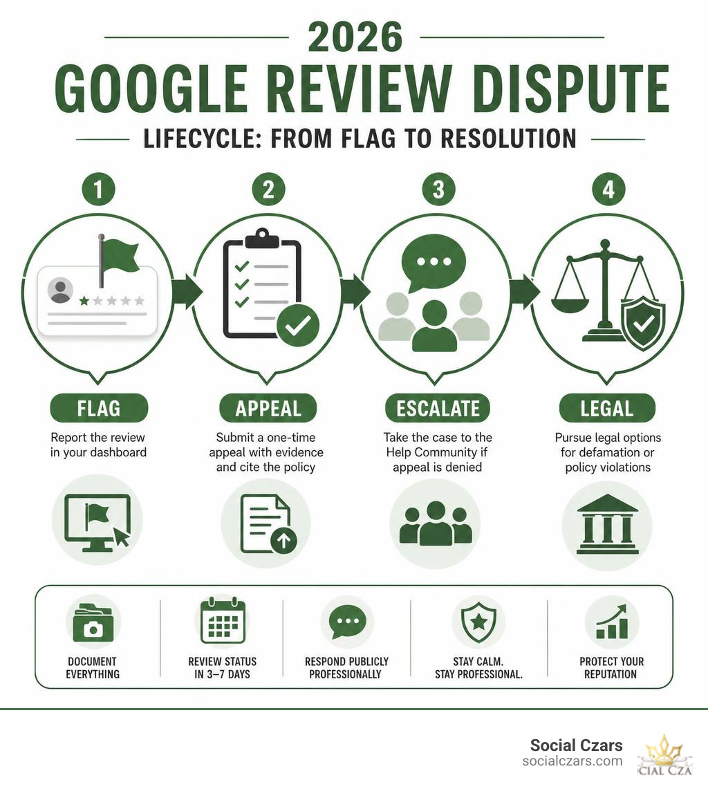 2026 Google review dispute lifecycle infographic showing flag, appeal, escalation, and legal steps infographic