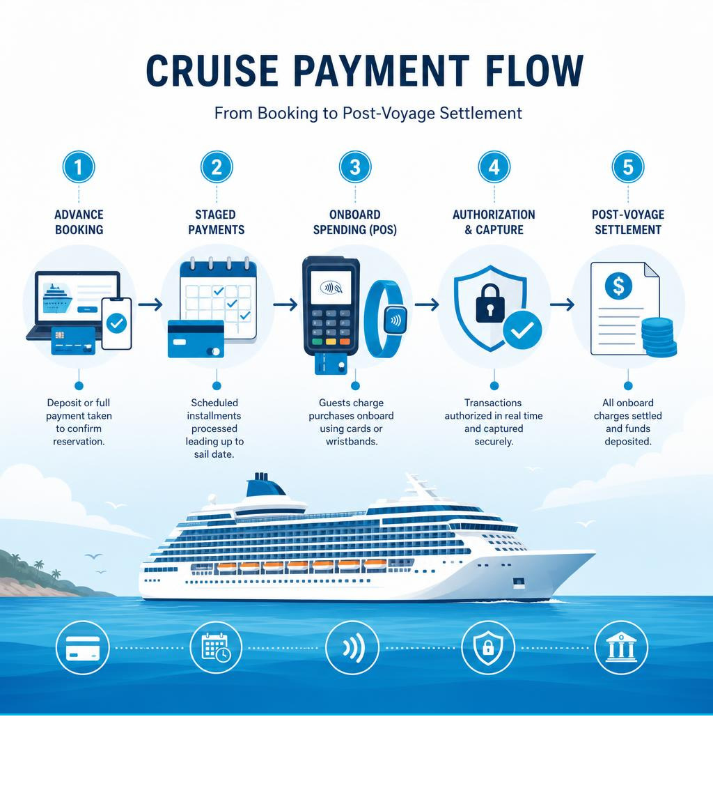 Infographic showing cruise payment flow from advance booking through staged payments to onboard POS and post-voyage Infographic showing cruise payment flow from advance booking through staged payments to onboard POS and post-voyage