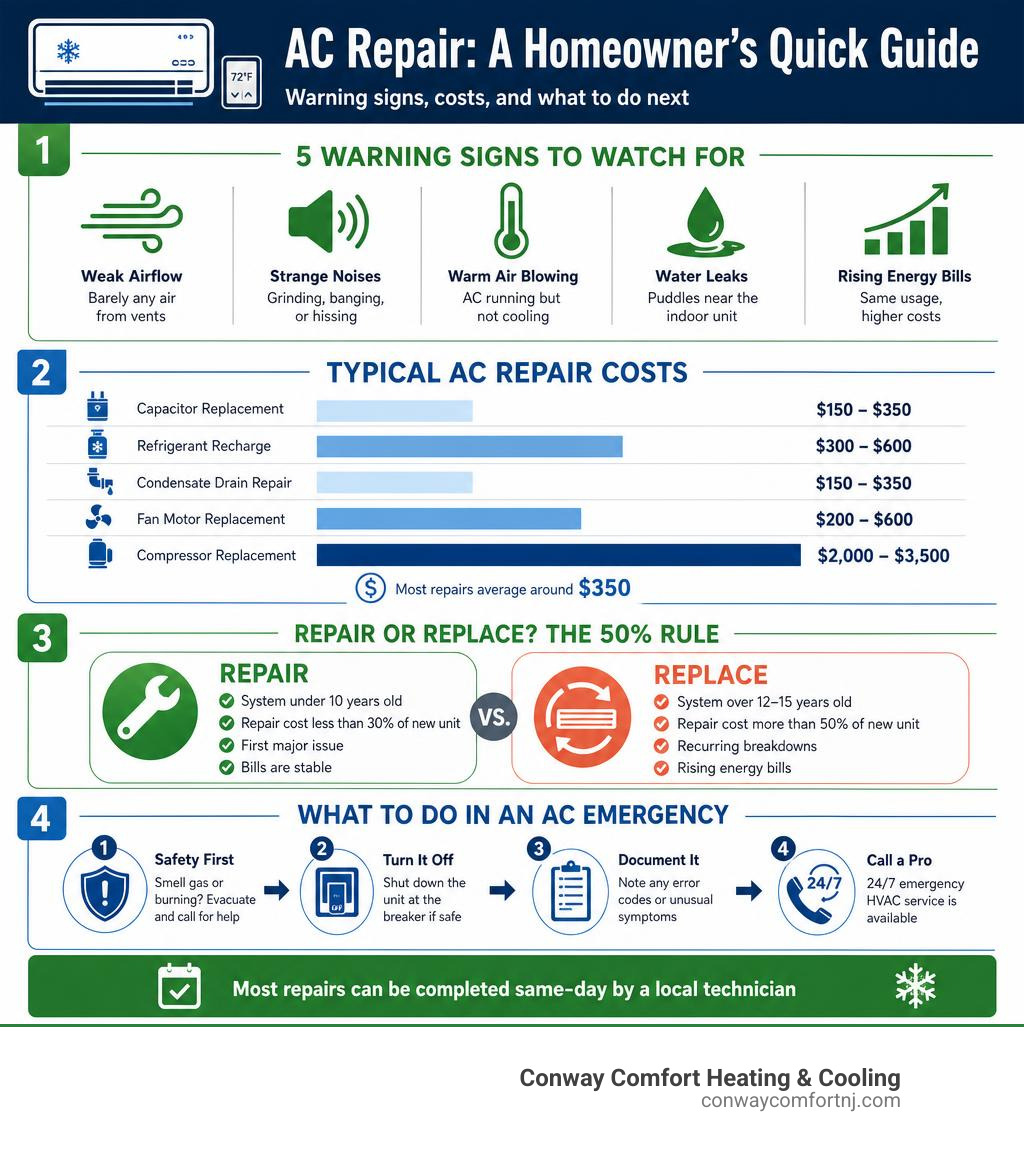 Infographic showing key AC repair warning signs, average costs, repair vs replace criteria, and emergency response steps for
