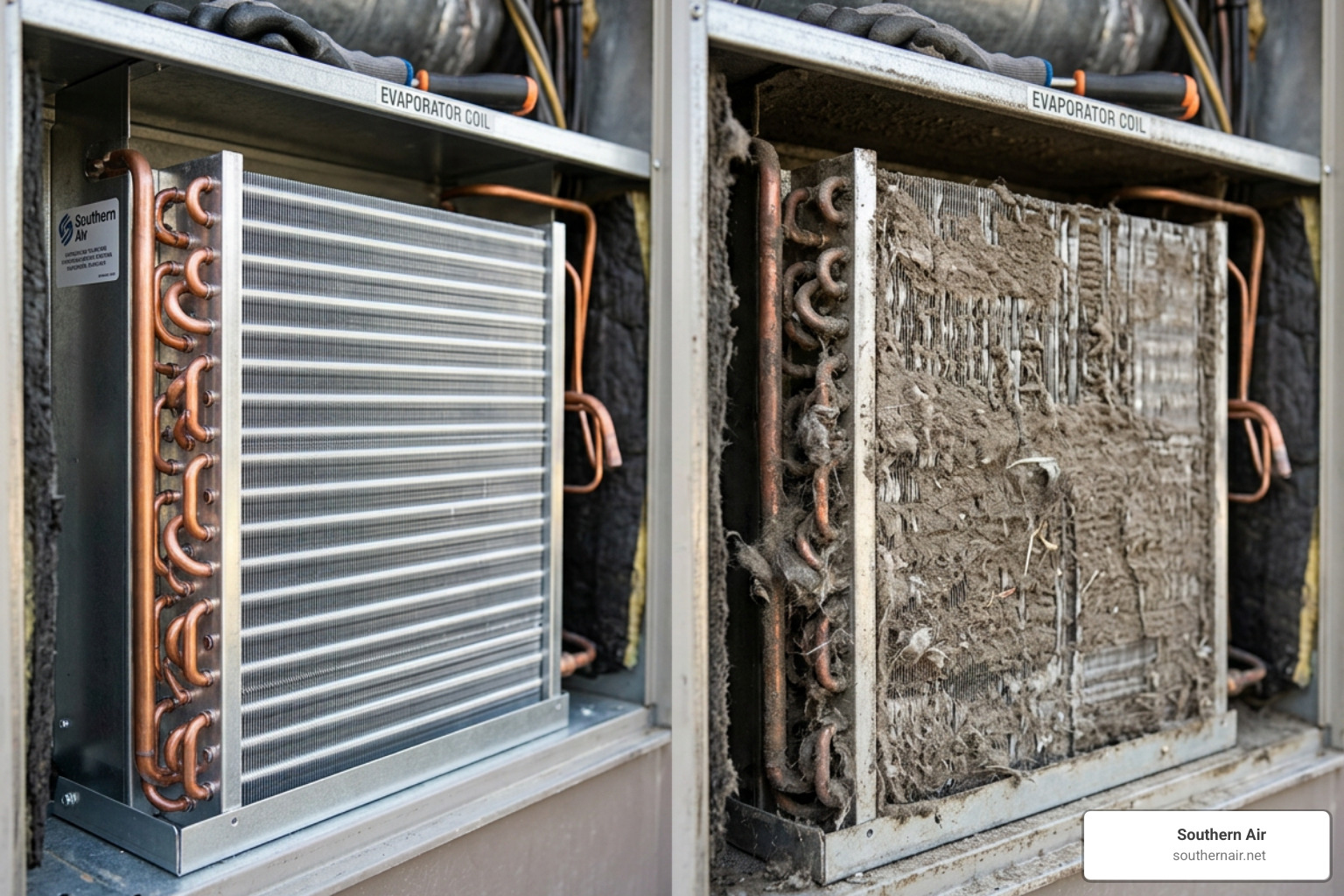clean vs dirty coils comparison showing dust buildup on heat exchanger clean vs dirty coils comparison showing dust buildup on heat exchanger
