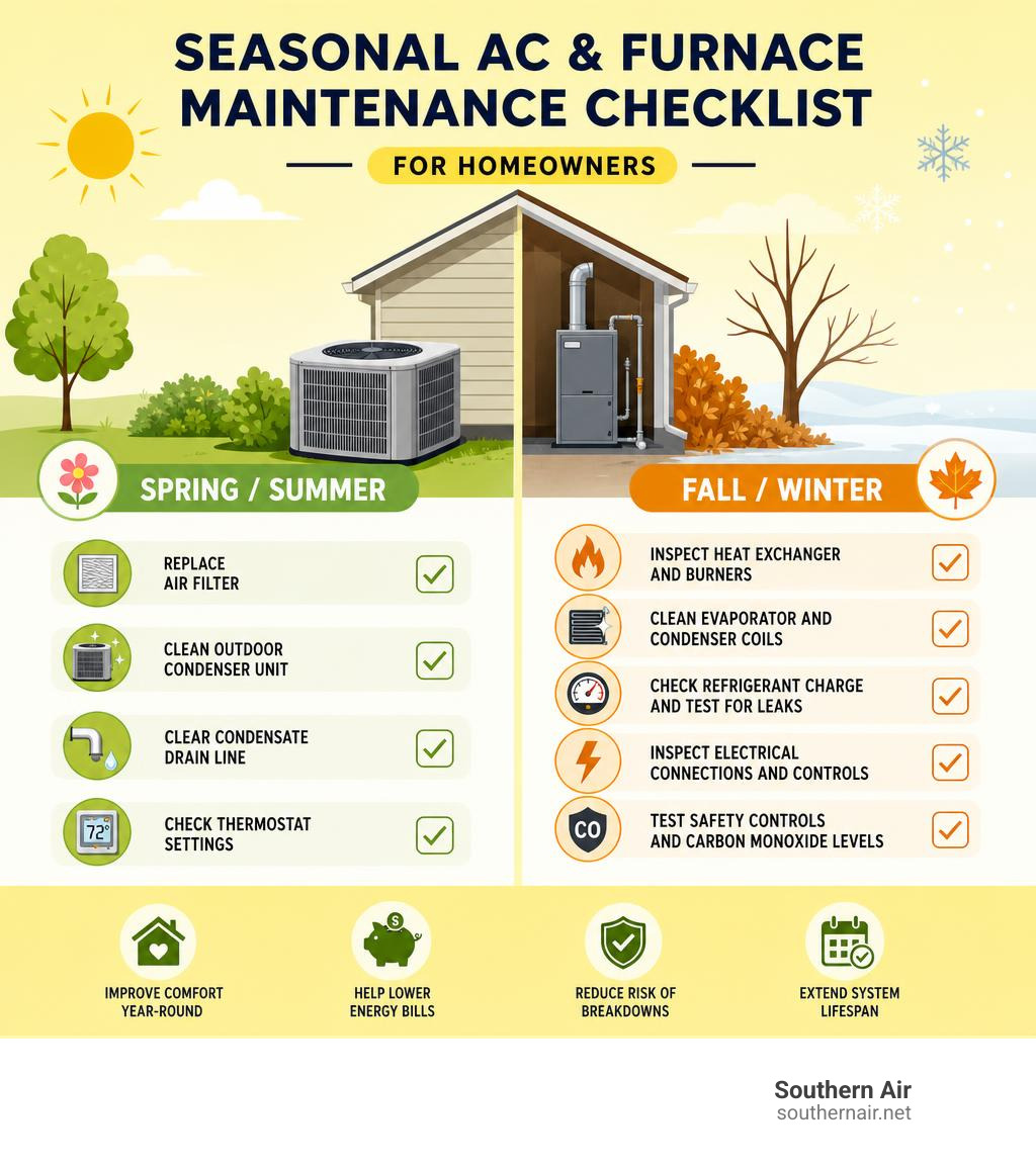 Seasonal AC and furnace maintenance tasks checklist infographic for homeowners infographic Seasonal AC and furnace maintenance tasks checklist infographic for homeowners infographic