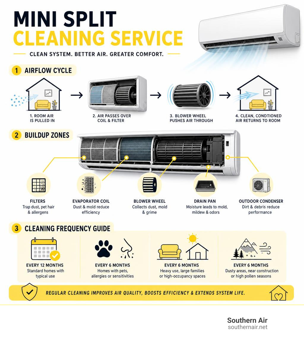 Mini split cleaning service infographic showing airflow cycle, buildup zones, and cleaning frequency guide infographic Mini split cleaning service infographic showing airflow cycle, buildup zones, and cleaning frequency guide infographic