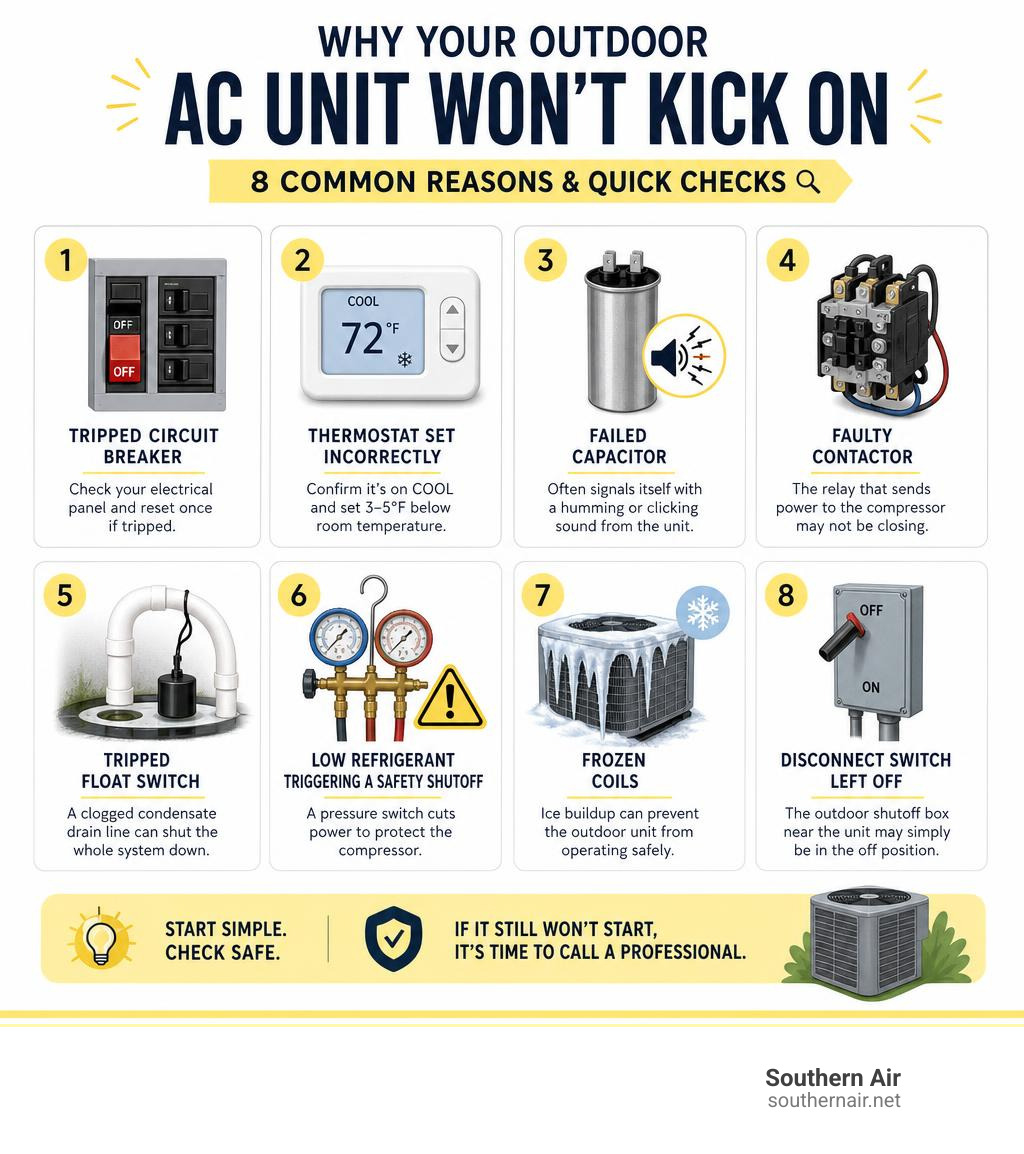 Infographic showing common reasons an outdoor AC unit won't kick on with quick checks for each cause infographic Infographic showing common reasons an outdoor AC unit won't kick on with quick checks for each cause infographic