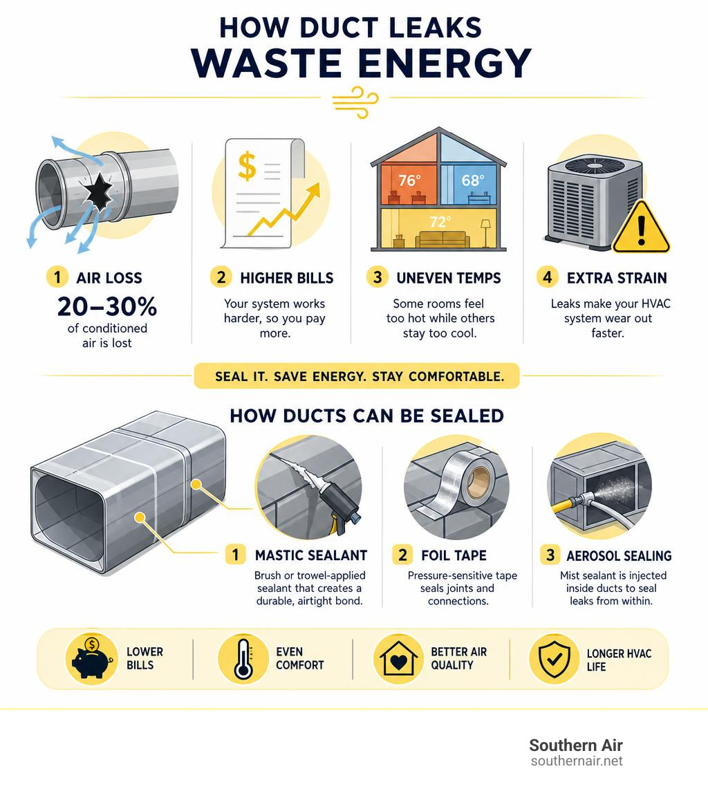 Infographic showing how duct leaks waste energy: 20-30% air loss, higher bills, uneven temps, and sealing methods overview Infographic showing how duct leaks waste energy: 20-30% air loss, higher bills, uneven temps, and sealing methods overview