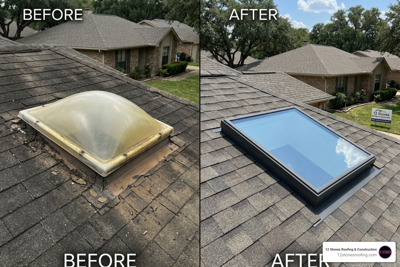 Before and after comparison of an old yellowed acrylic dome skylight replaced with a modern flat-glass deck-mount unit