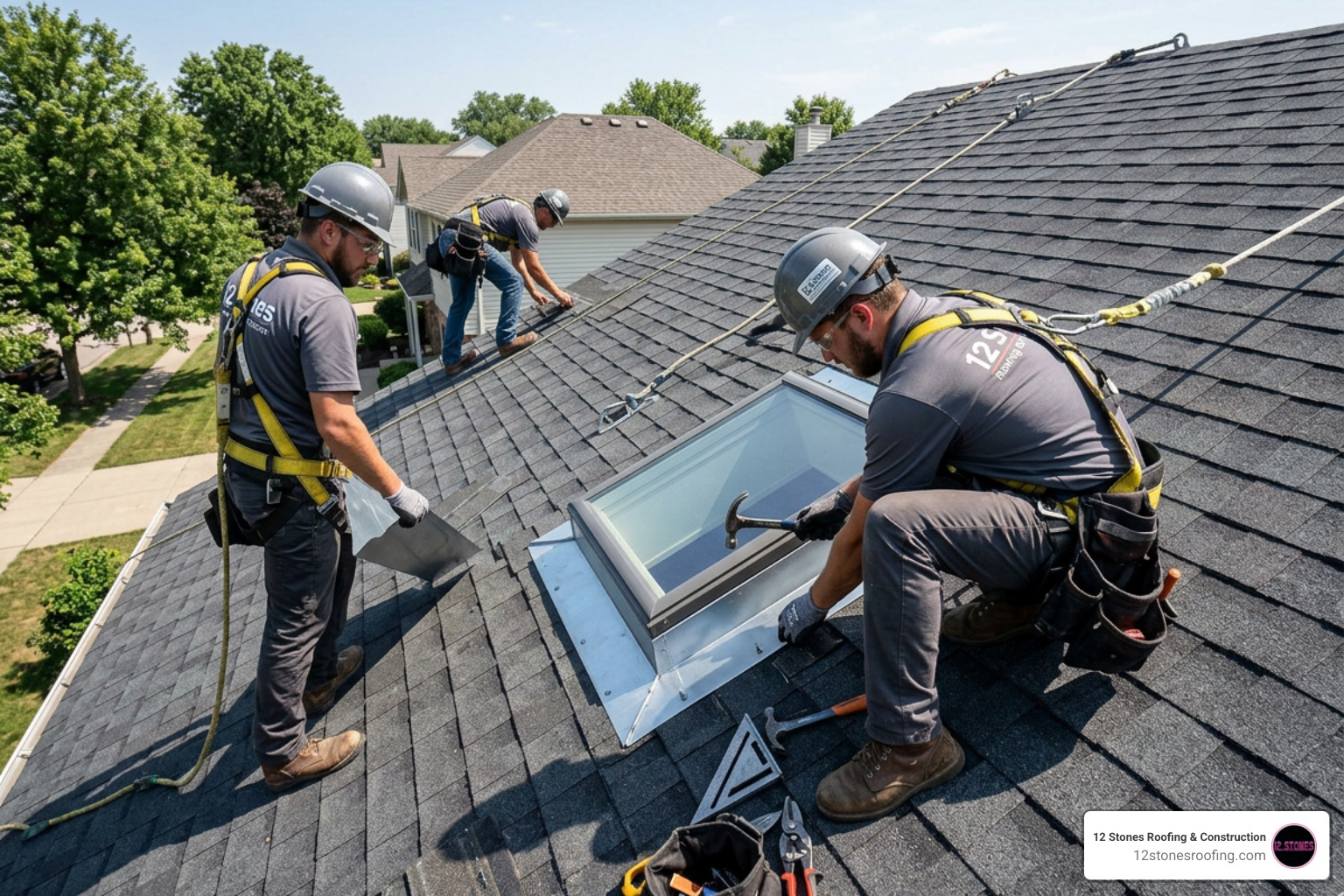 Professional roofing crew installing custom curb-mount flashing kits on a steep asphalt shingle roof