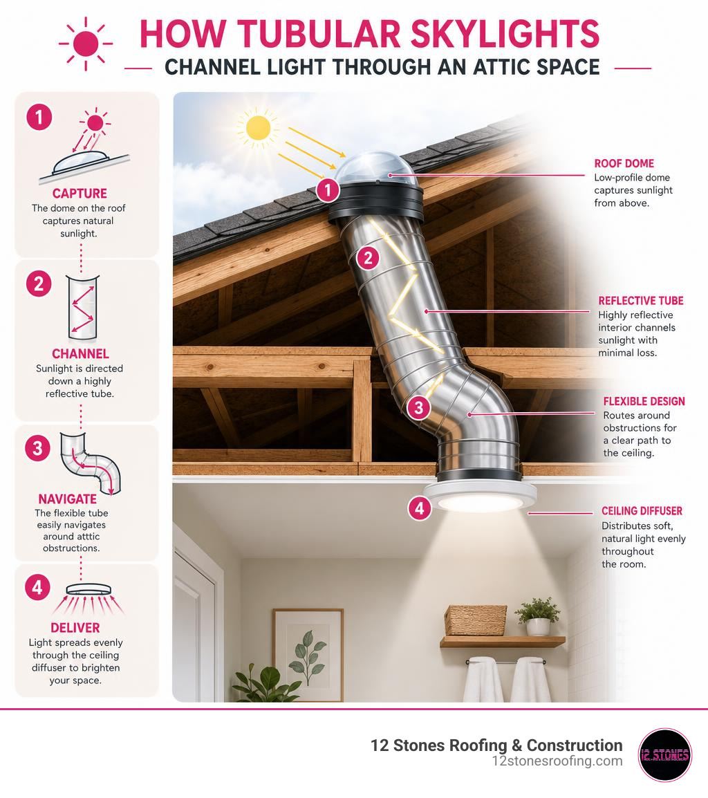 Diagram explaining how tubular skylights channel light through an attic space infographic
