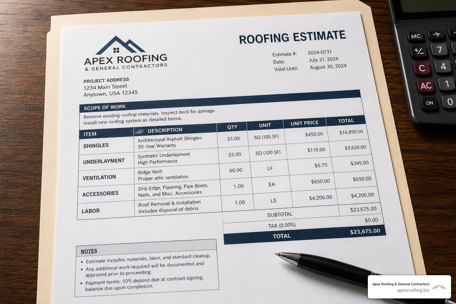 A detailed line-item roofing estimate showing shingles, underlayment, and labor costs