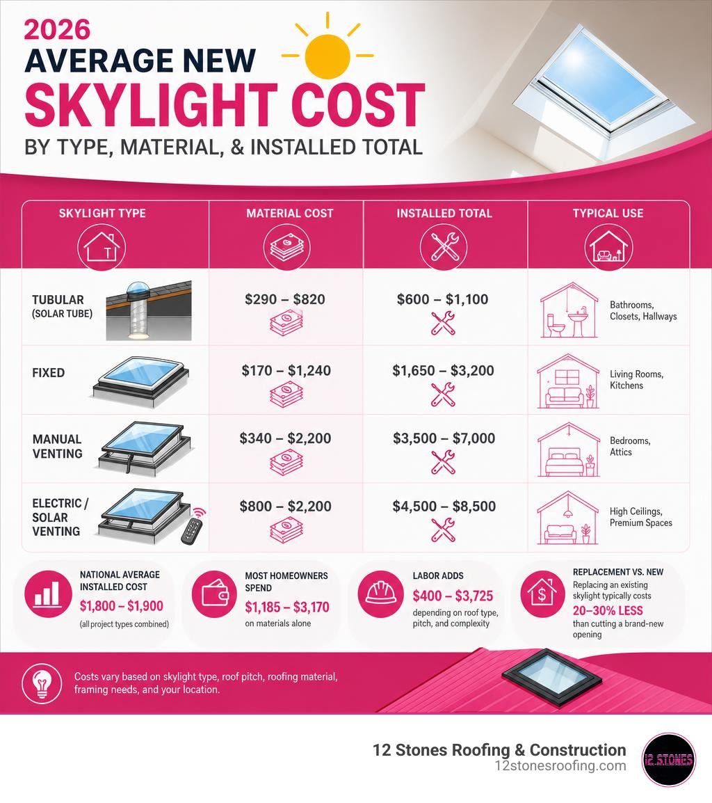 Infographic showing average new skylight cost by type, material, and installed total for 2026 infographic