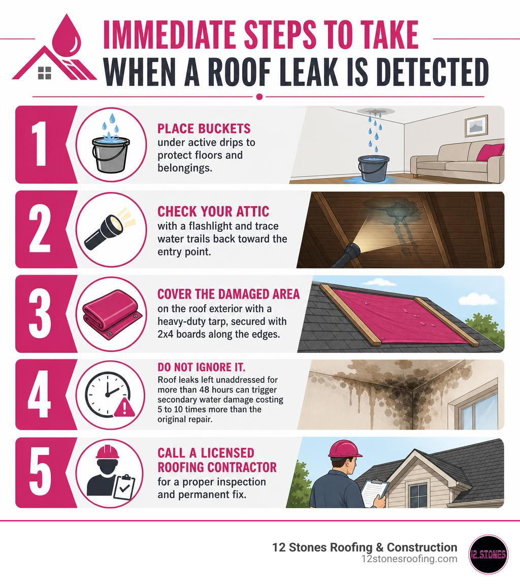 Immediate steps to take when a roof leak is detected - infographic with 5 key actions infographic