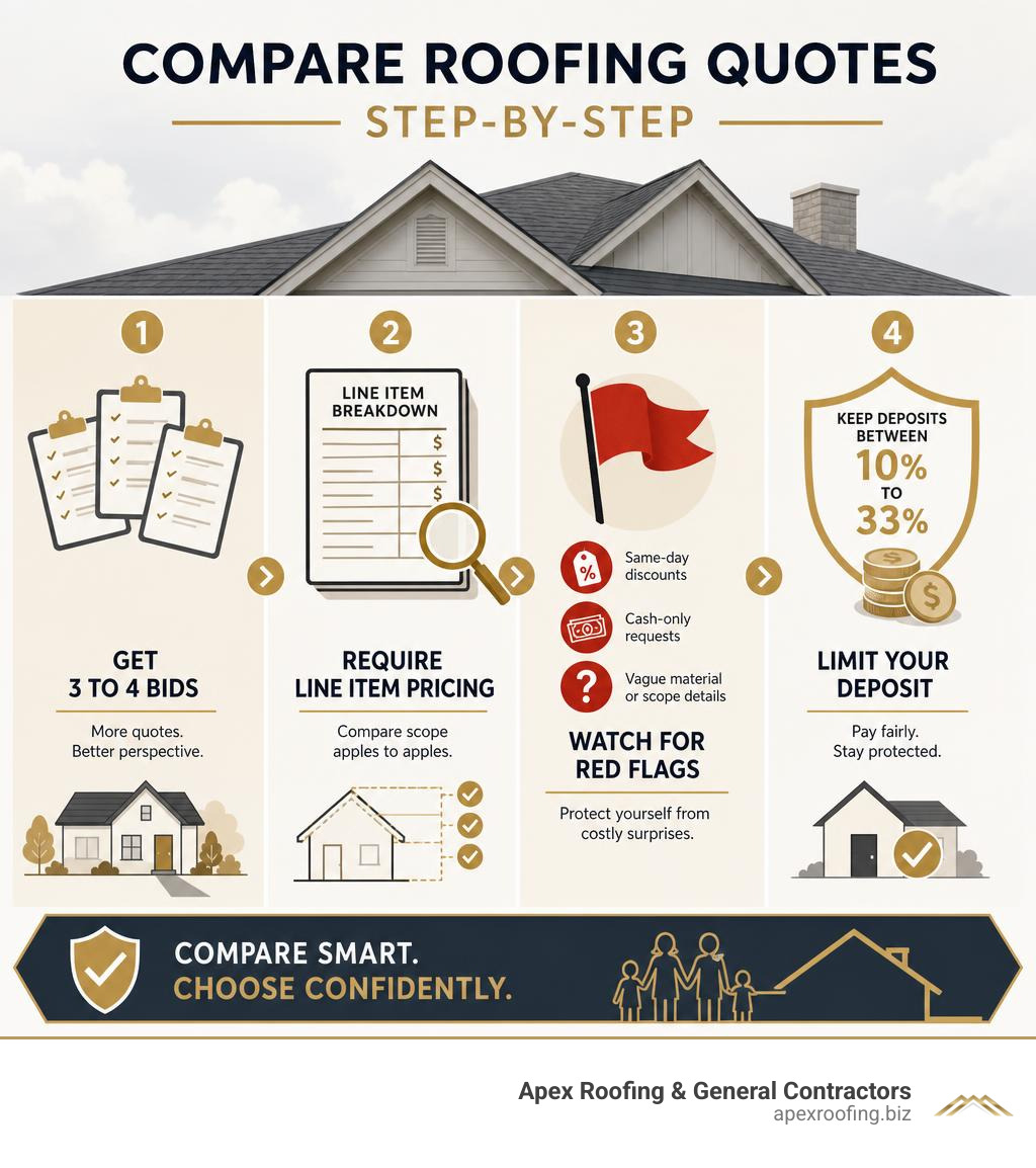 Step-by-step infographic comparing roofing quotes: number of bids, line items, red flags, deposits infographic