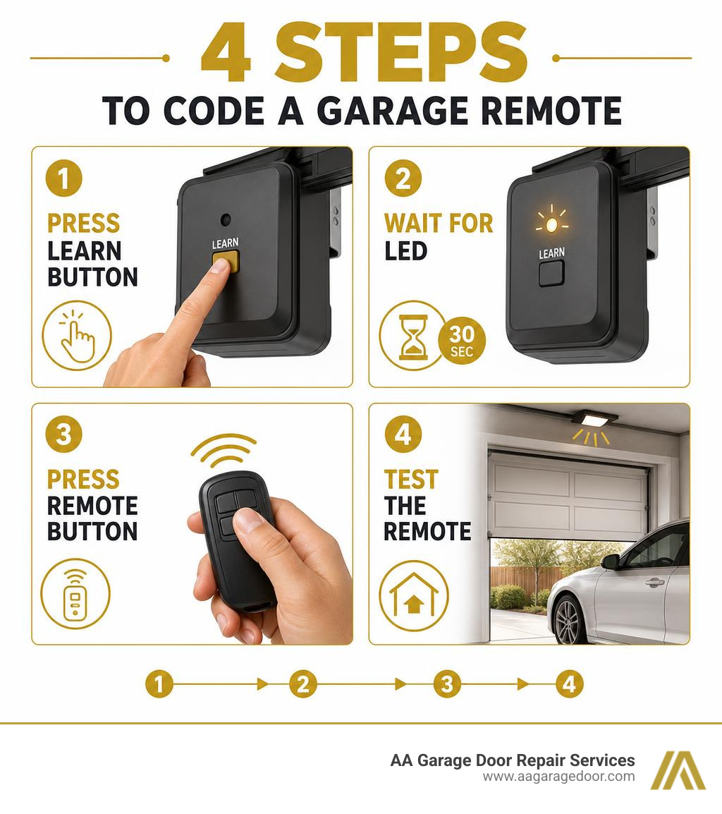 Infographic showing 4 steps to code a garage remote: press Learn button, wait for LED, press remote button, test infographic