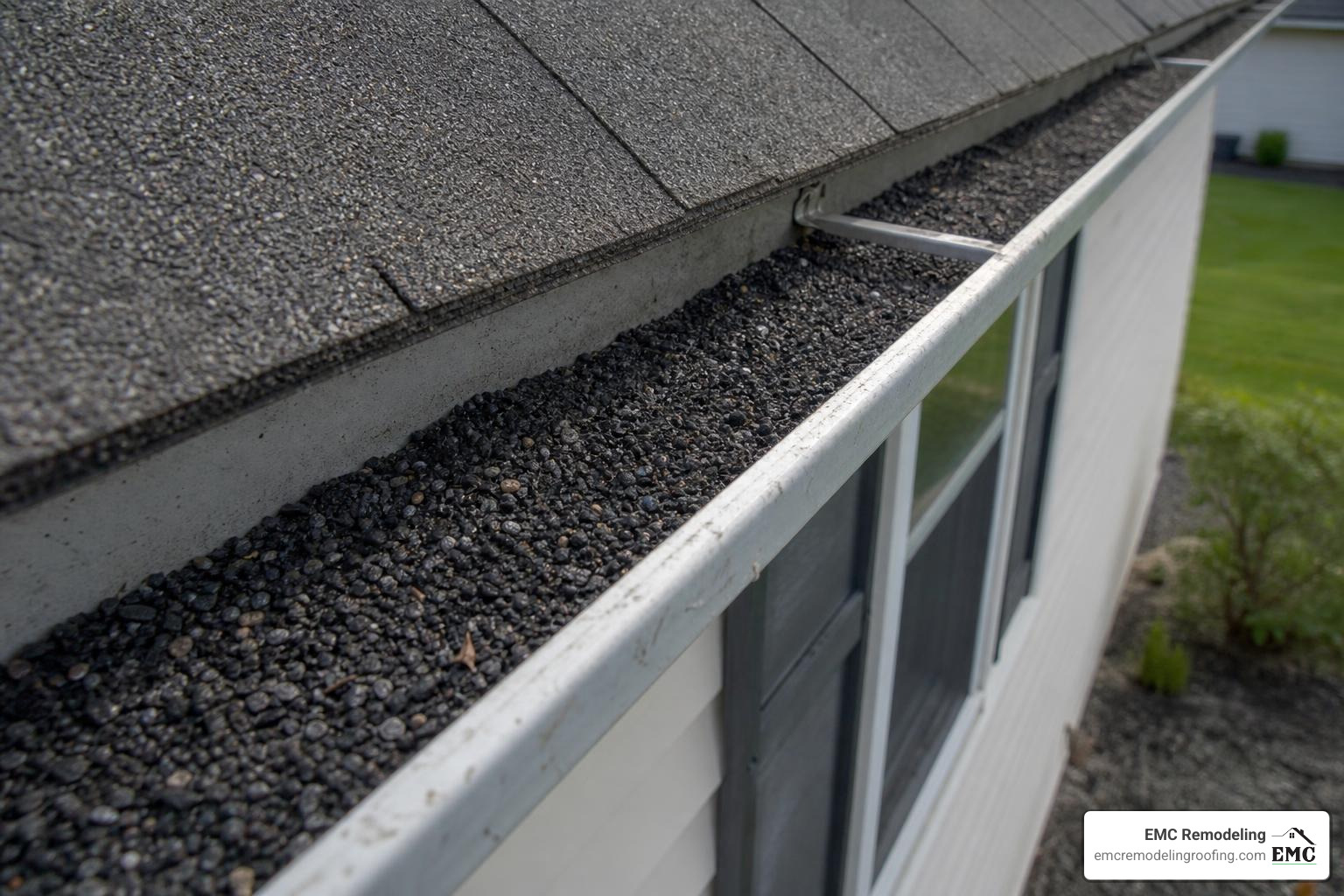 heavy shingle granule accumulation inside a gutter run