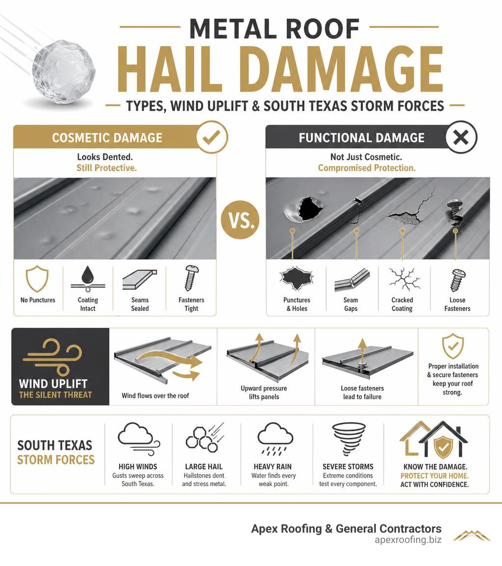 infographic showing metal roof hail damage types cosmetic vs functional wind uplift South Texas storm forces infographic