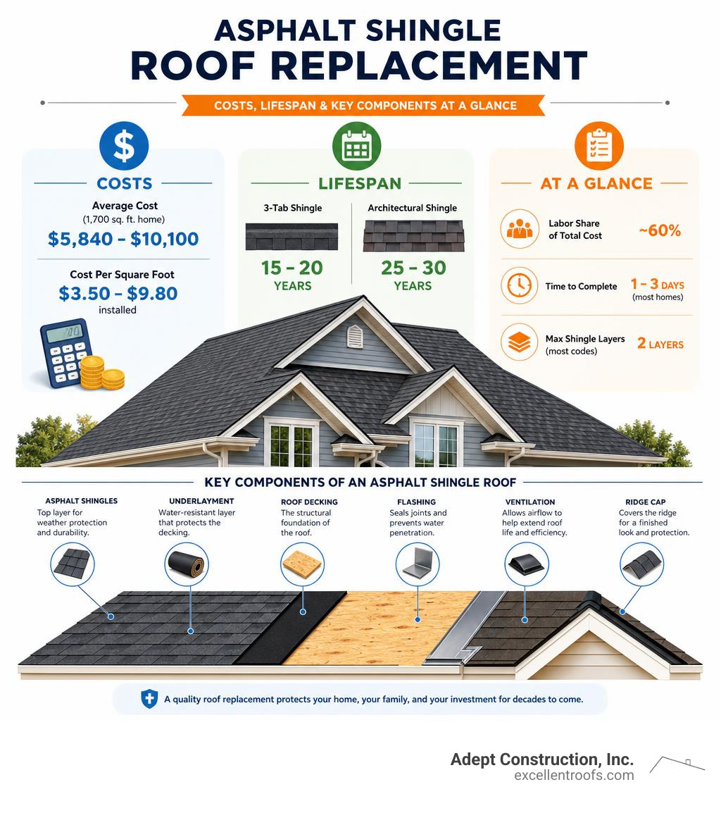 Infographic showing asphalt shingle roof replacement costs, lifespan, and key components at a glance infographic