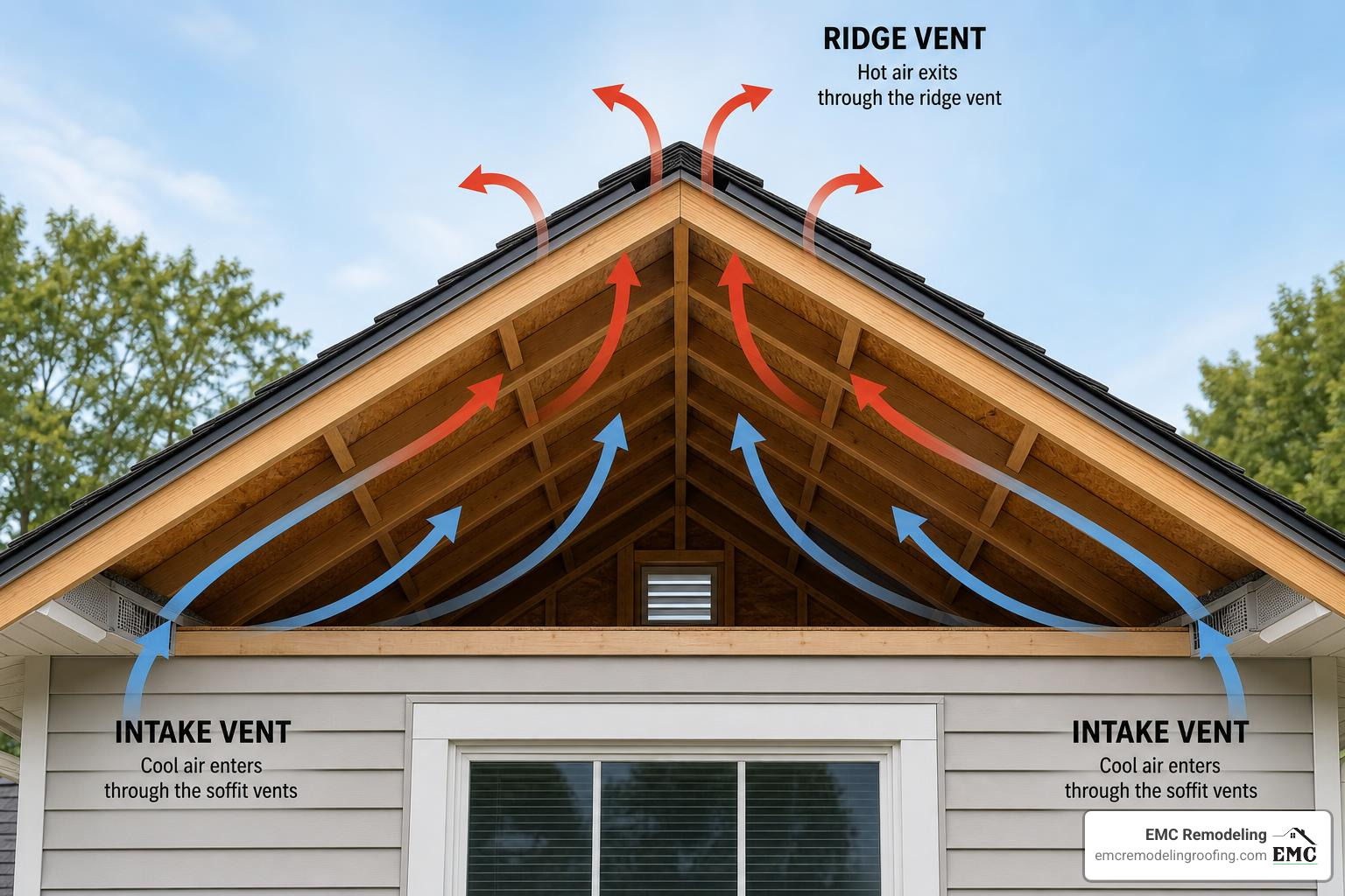 diagram showing proper attic ventilation airflow with intake and exhaust vents