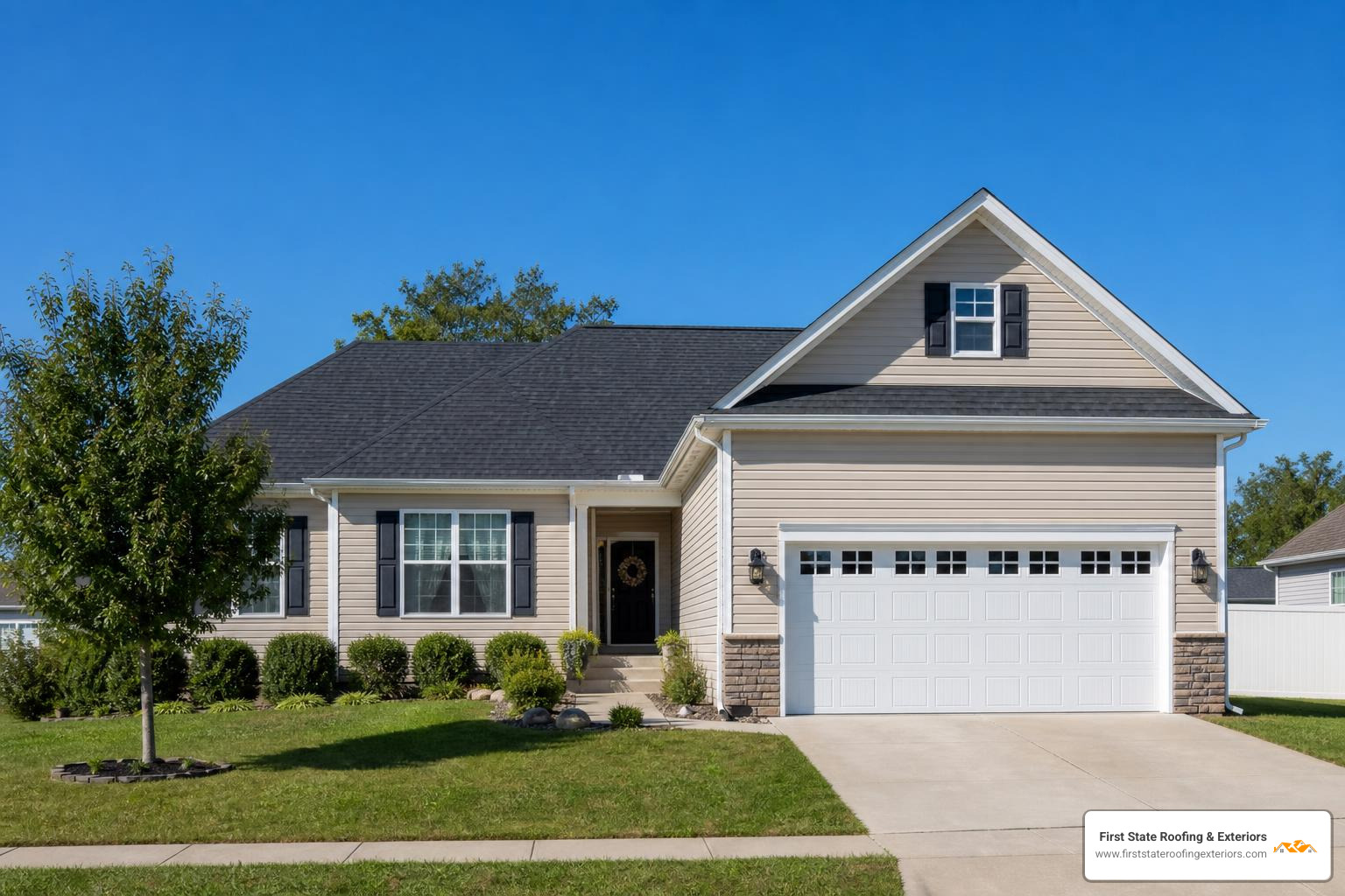 Completed residential roofing project in Dover DE showing a beautiful new roof Completed residential roofing project in Dover DE showing a beautiful new roof