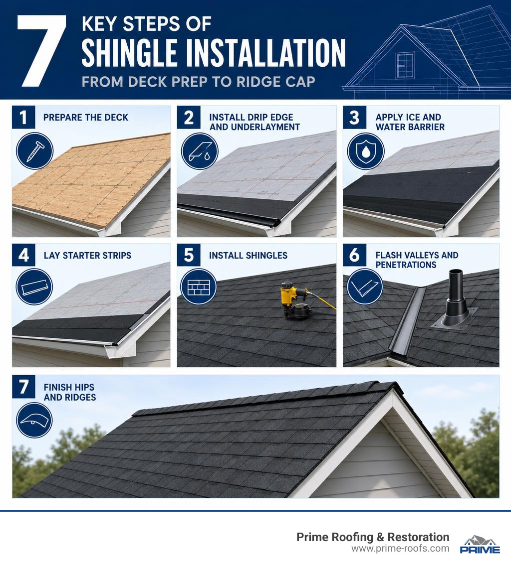Infographic showing the 7 key steps of Owens Corning shingle installation from deck prep to ridge cap infographic Infographic showing the 7 key steps of Owens Corning shingle installation from deck prep to ridge cap infographic