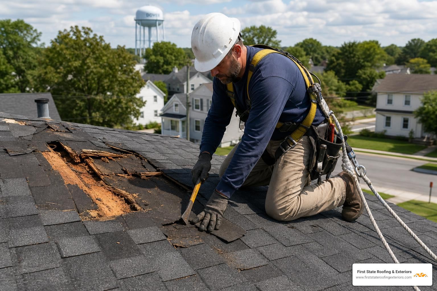 Professional roofer wearing a proper OSHA-required safety harness repairing a storm-damaged roof in Dover DE Professional roofer wearing a proper OSHA-required safety harness repairing a storm-damaged roof in Dover DE