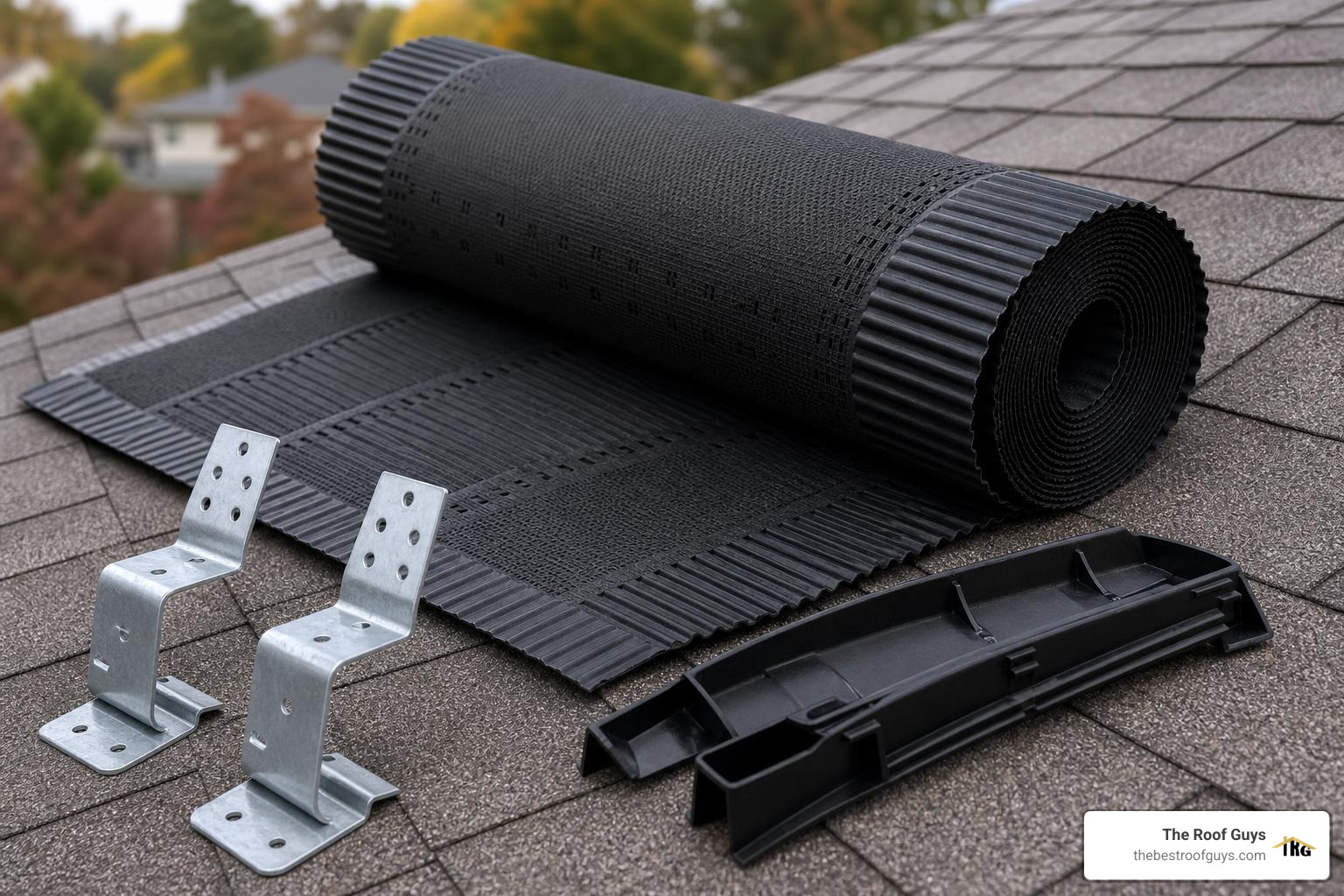 Essential components of a dry ridge kit including ridge roll, unions, and brackets