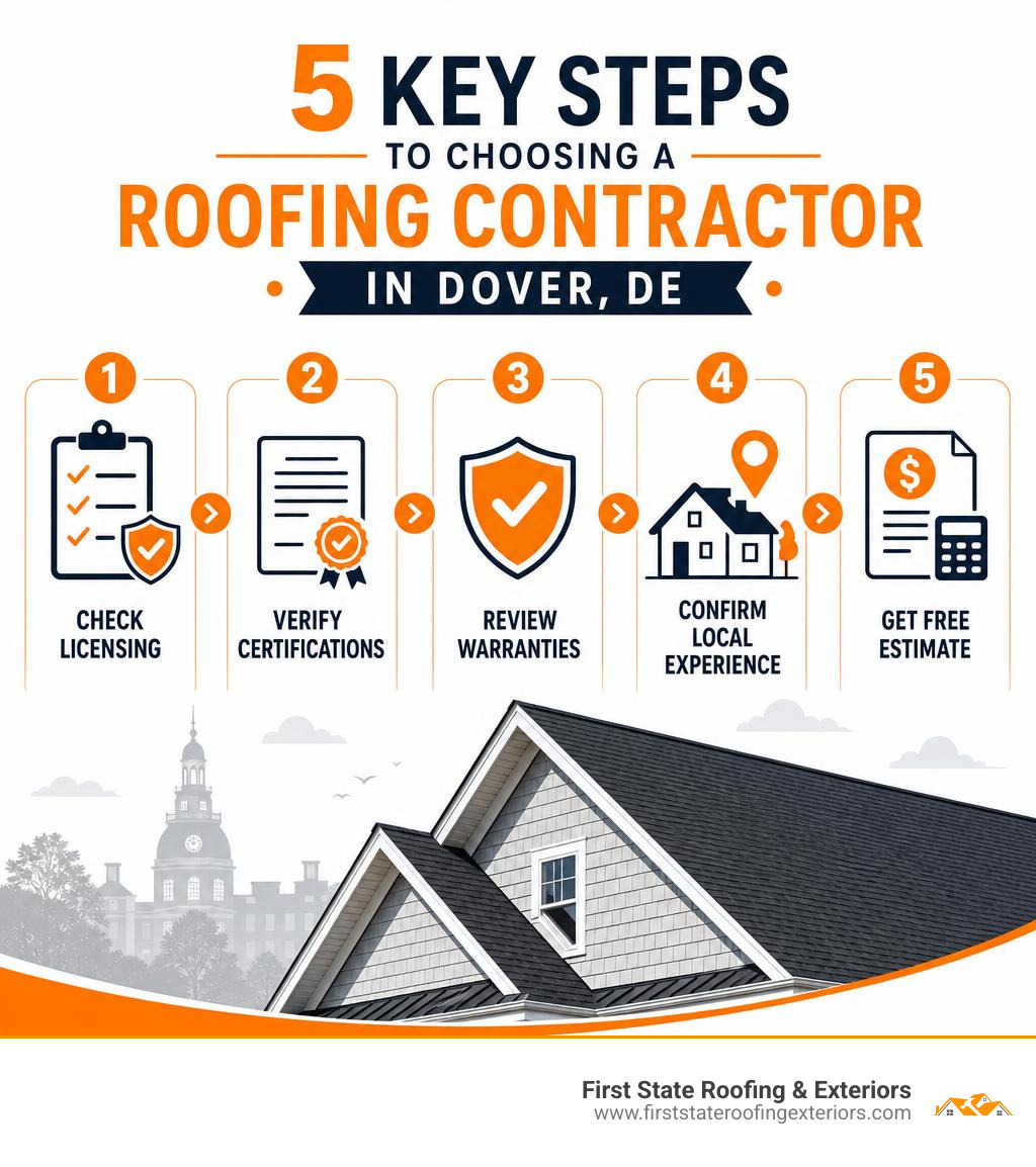 Infographic showing 5 key steps to choosing a roofing contractor in Dover DE: check licensing, verify certifications, review Infographic showing 5 key steps to choosing a roofing contractor in Dover DE: check licensing, verify certifications, review