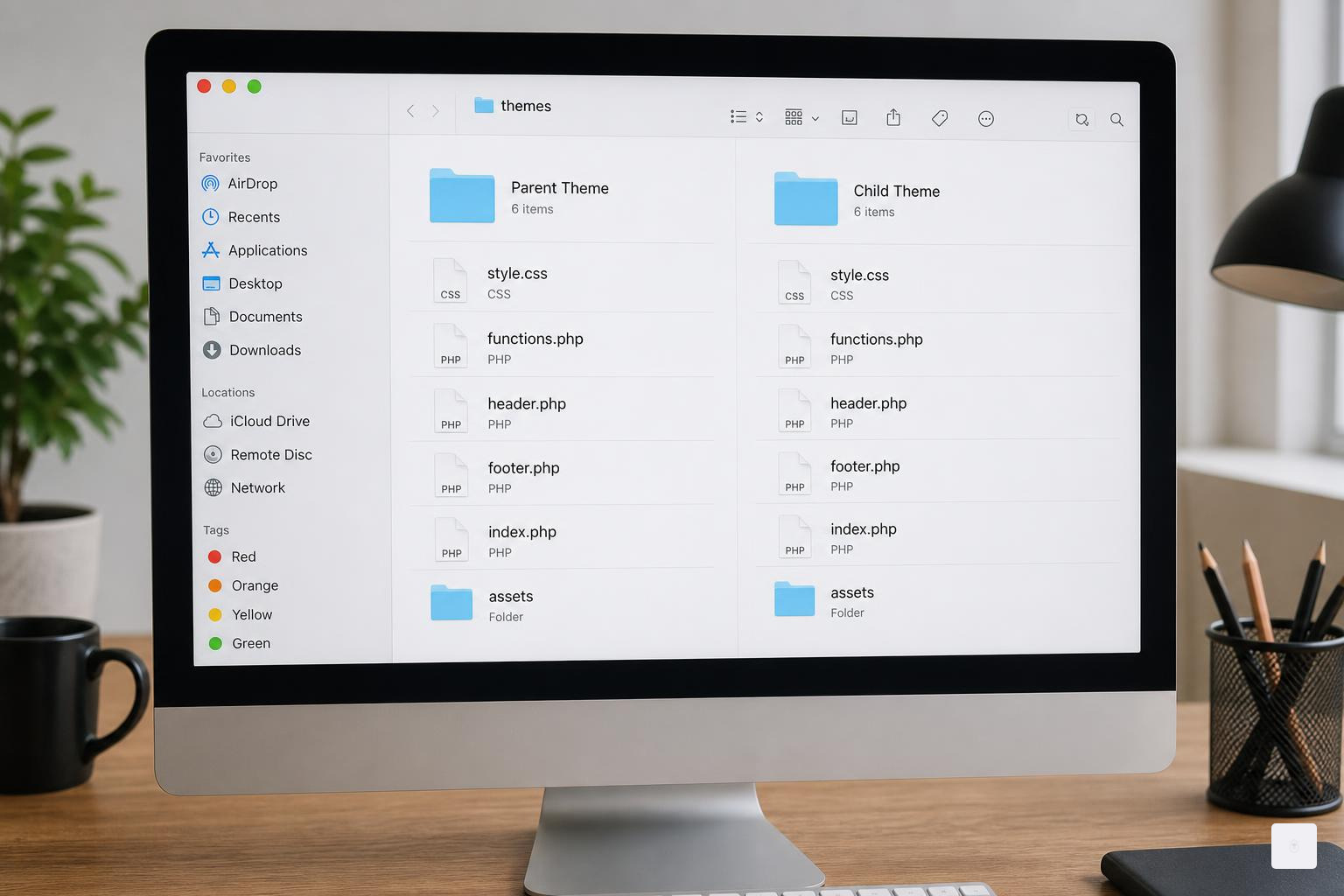 Visual directory representation of parent and child theme files