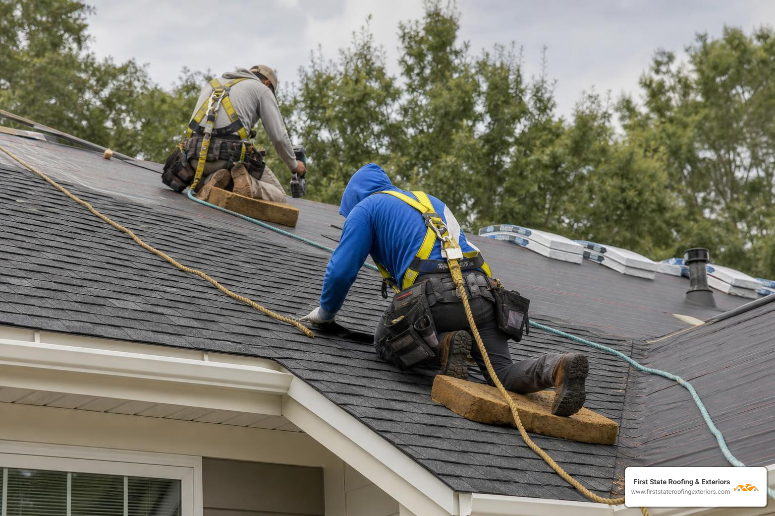 professional roofers wearing proper OSHA required safety harnesses installing architectural shingles on a residential home professional roofers wearing proper OSHA required safety harnesses installing architectural shingles on a residential home