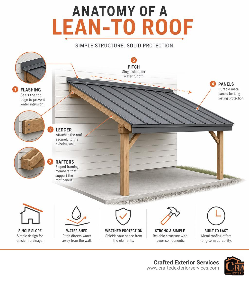 Anatomy of a lean-to roof structure showing pitch, ledger, rafters, flashing, and panels infographic
